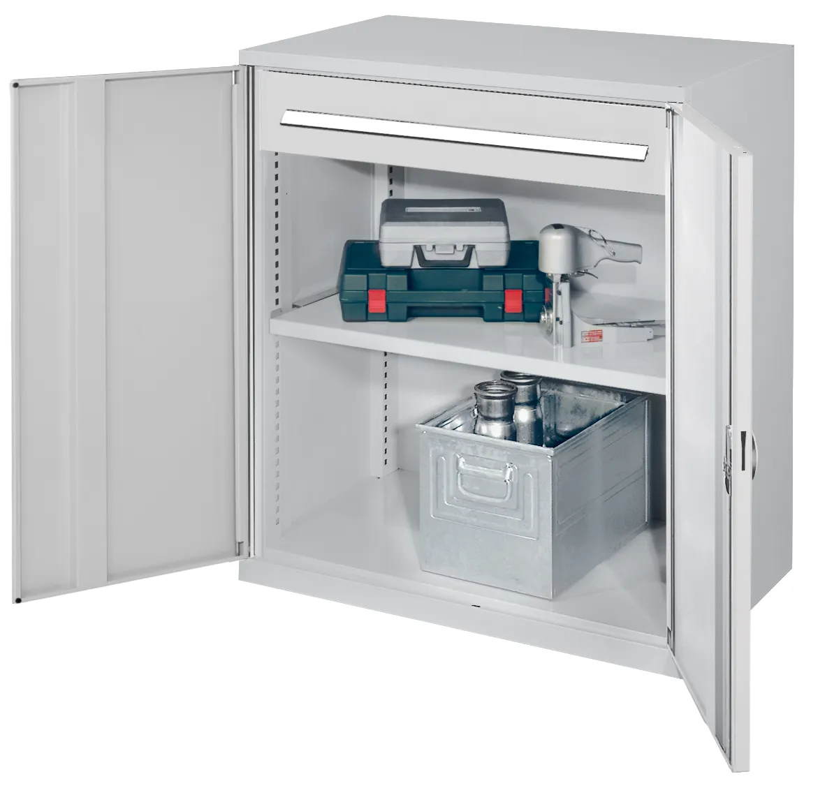 Schwerlast-Beistellschrank Modell 66 von Kappes Systeme: Robuste Stahlkonstruktion, 1,65 Tonnen Belastbarkeit, Vollblecht?ren, Schublade, lichtgraue Beschichtung.