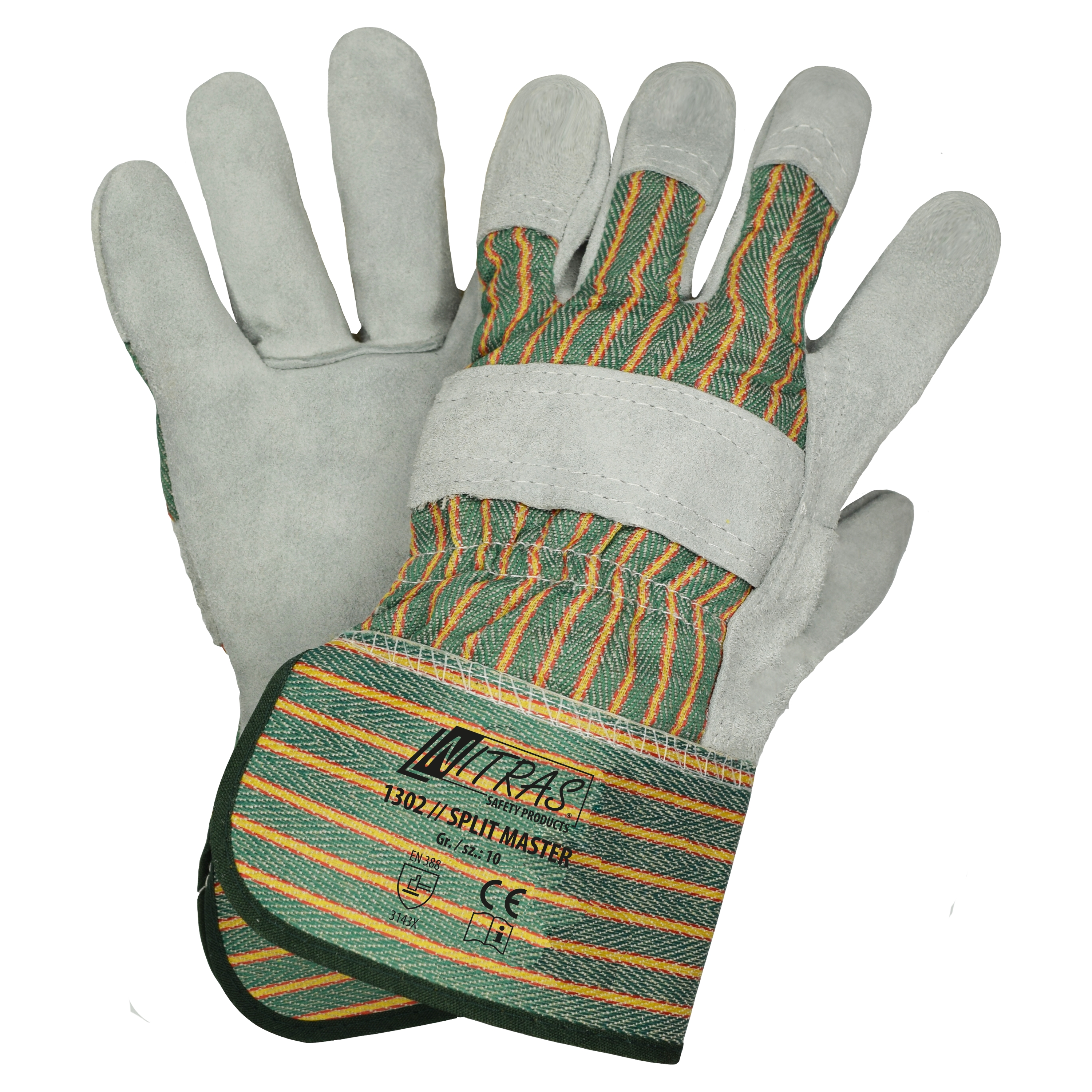NITRAS SPLIT MASTER, Rindspaltlederhandschuhe, grün / rot / gelb gestreift / grau, EN 388