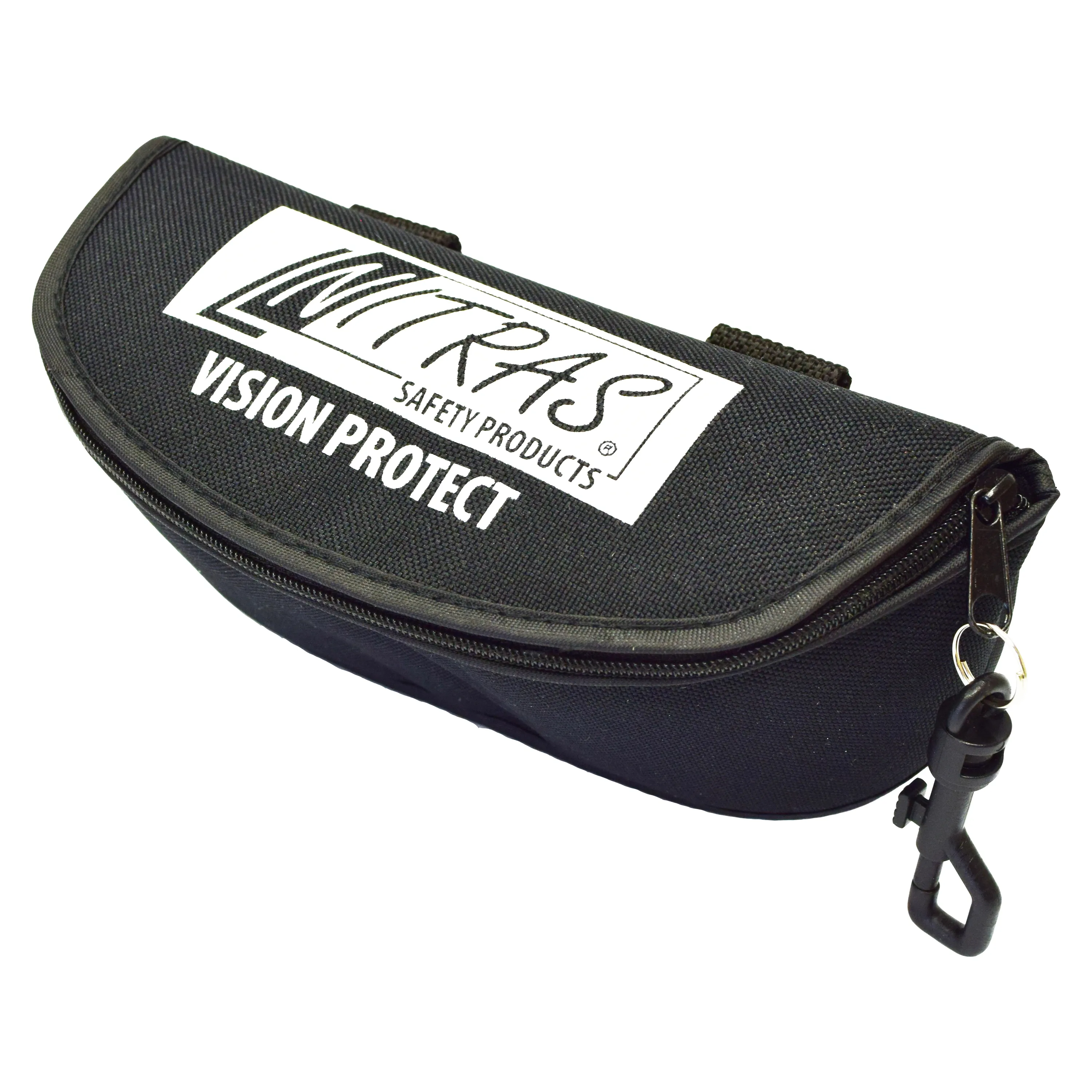 Schwarzes NITRAS Brillenetui aus Textil mit Rei?verschluss, Karabiner und G?rtelschlaufen, ideal gepolstert f?r den sicheren Transport Ihrer Schutzbrille.