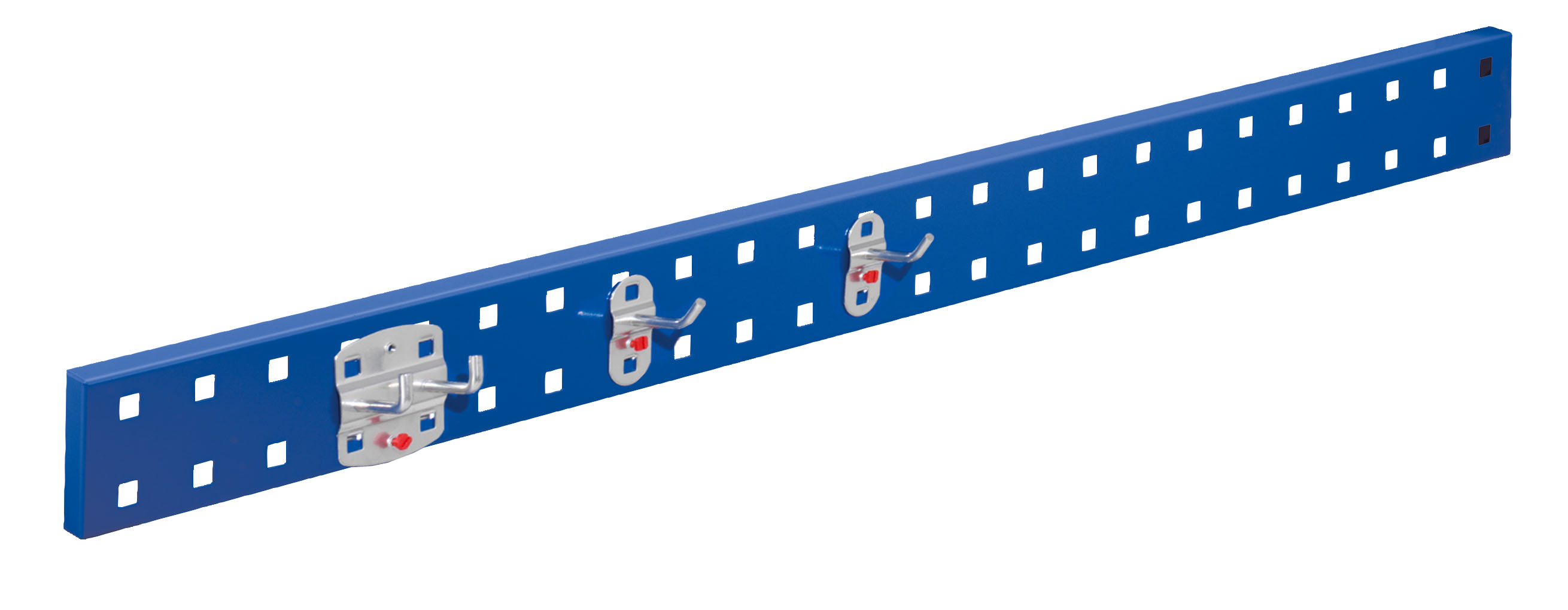 Produktbild der RasterPlan Wandschiene von Kappes Systeme: Robuste, enzianblaue Lochplatte (920x70 mm) für effiziente Werkzeugorganisation in industriellen Umgebungen.