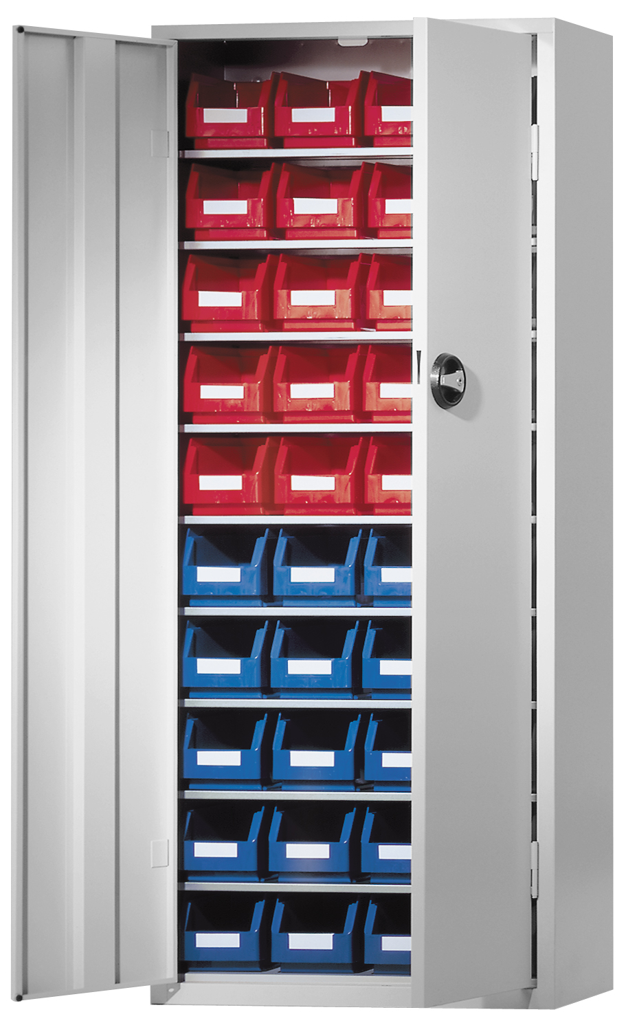 Ordnungsschrank Modell 22 von Kappes Systeme: Robuste Stahlkonstruktion, lichtgrau, mit 40 Lagersichtk?sten. Flexibel verstellbare Fachb?den und sicheres Zylinderschloss.