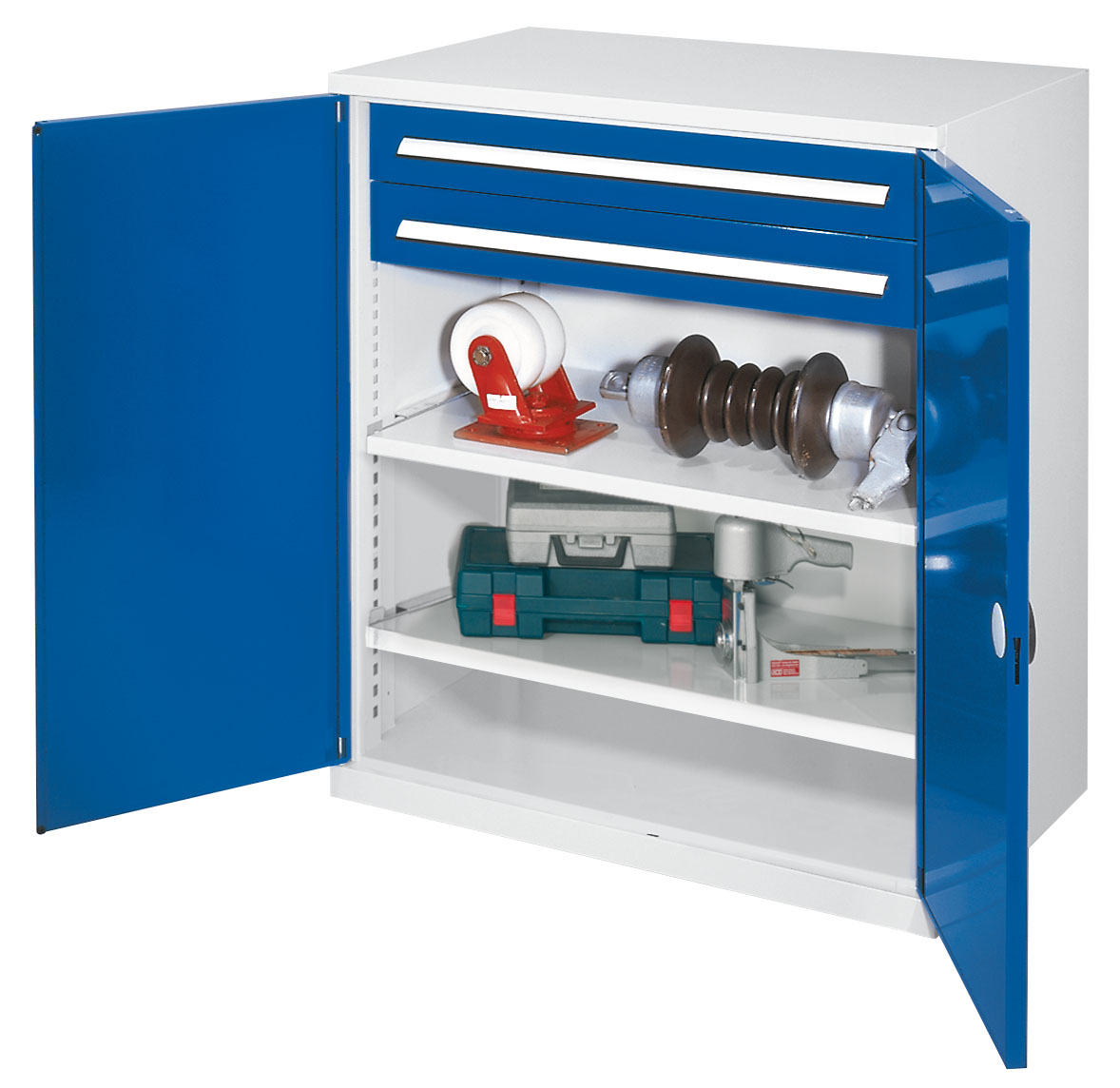 Schwerlast-Beistellschrank Modell 63 1110 x 1000 x 600 mm RAL 7035/5010. Doppelwandtüren 2 Schubladen H 100 mm 2 Fachböden B 1000 mm.
