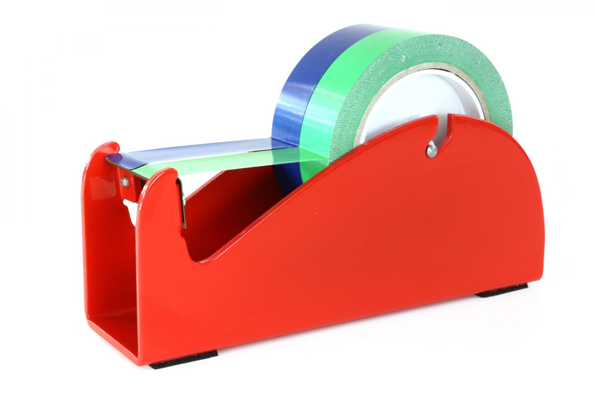 Roter Tischabroller von Traydon GmbH für PVC- und PP-Klebebänder, robust mit 145 mm Durchmesser, 1,410 kg, zwei Rollen, stabile Klemme für sicheren Halt.