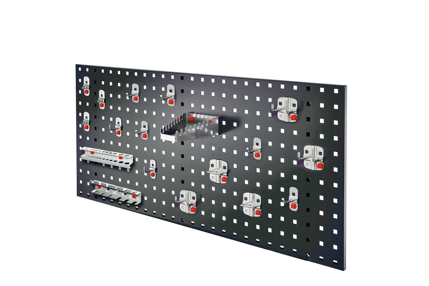 Das ®RasterPlan/ABAX Einsteigerset 6 von Kappes bietet eine flexible Werkzeugorganisation mit einer 450x1000 mm Lochplatte und 18 Haltern für einfache Montage.