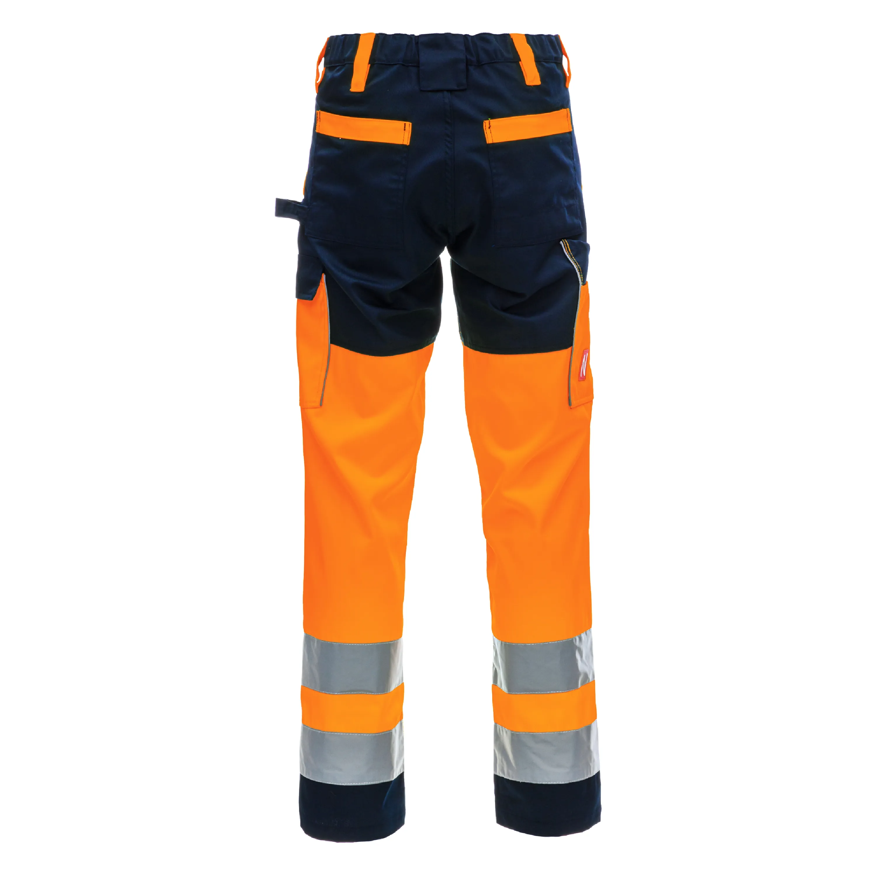 Die NITRAS MOTION TEX VIZ Warnschutz-Arbeitshose in Neonorange und Marineblau bietet hohe Sichtbarkeit, Komfort und Haltbarkeit mit praktischen Taschen und Reflexstreifen.