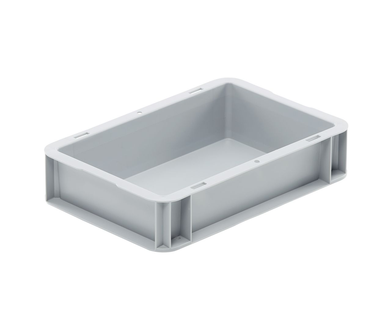 Graue Lagerbox von Bekuplast, 300x200x70 mm, aus robustem PP-C, 2,9 L Volumen, glatter Boden, geschlossene Griffe, ideal für staubfreie Aufbewahrung.