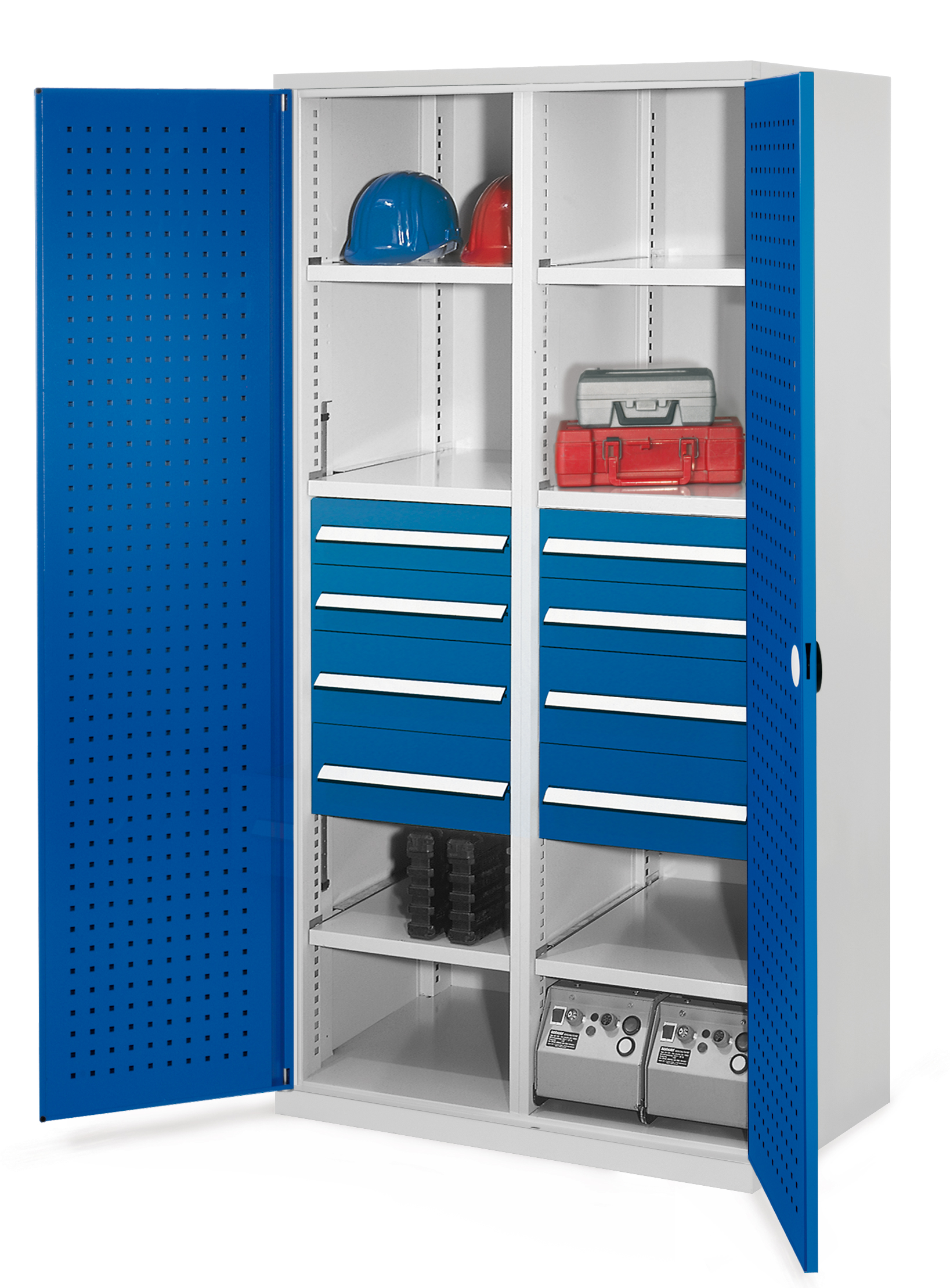Schwerlastschrank von Kappes Systeme GmbH: Robuste Stahlkonstruktion mit Mitteltrennwand, 4 Schubladen, 6 Fachböden, 1,65 t Tragkraft, RAL 7035/5010.