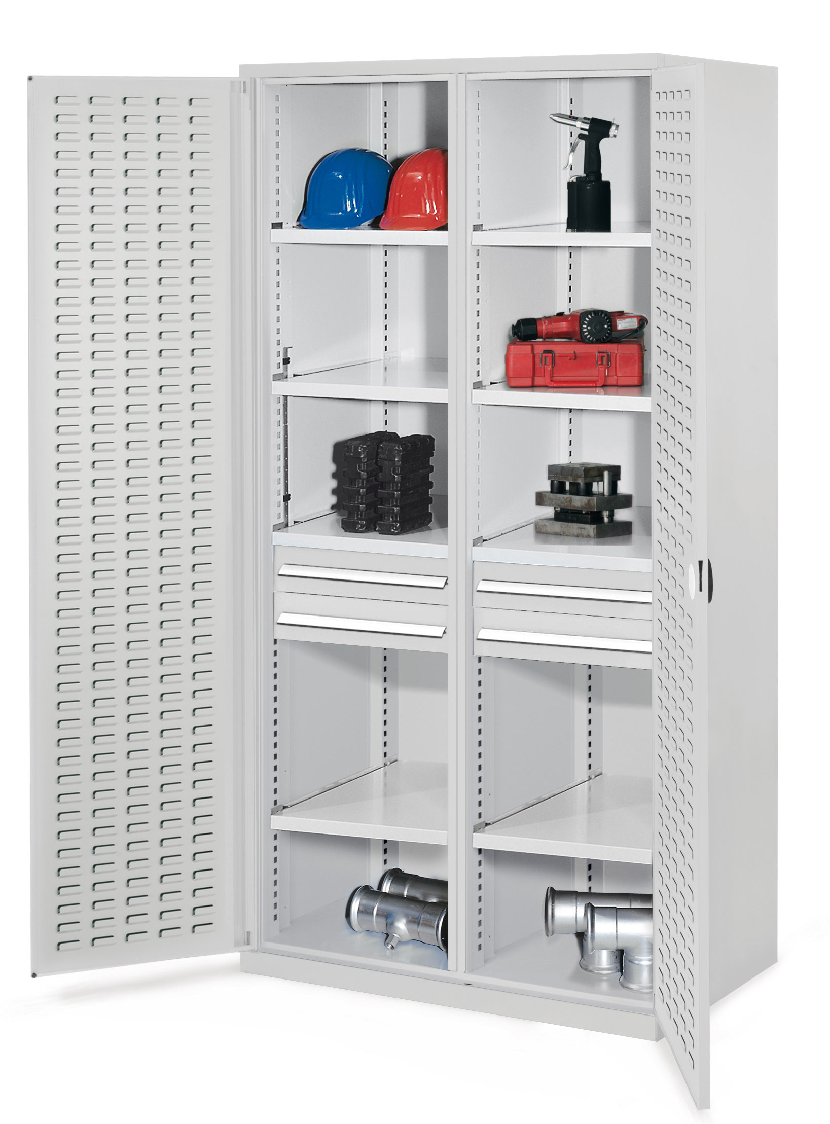 Schwerlastschrank Mod 56 von Kappes Systeme: Robuste Stahlkonstruktion mit Mitteltrennwand, 1,65 Tonnen Kapazität, RAL 7035, ideal für schwere Werkzeuge.