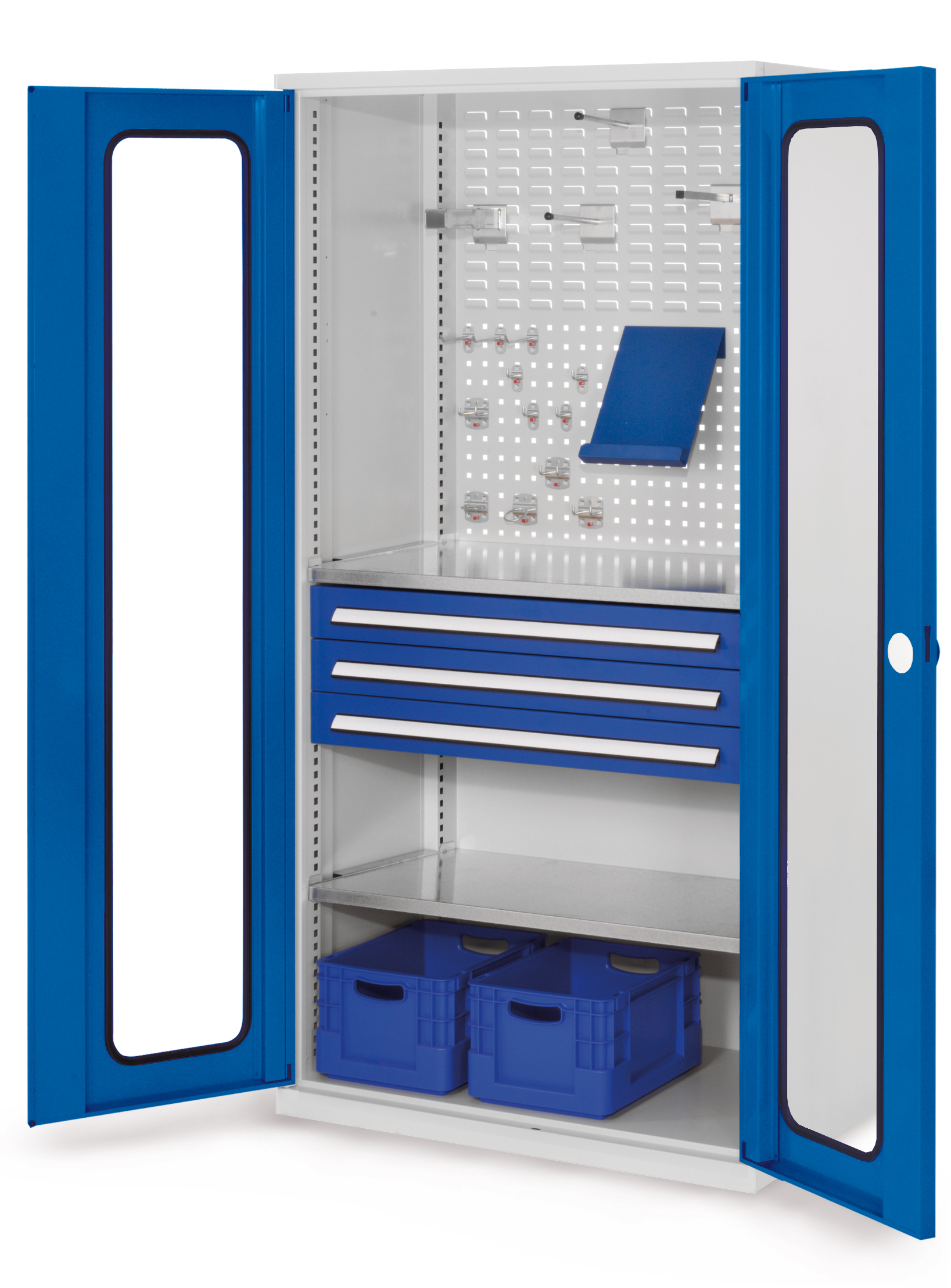 ®RasterPlan Schubladenschrank Modell 32 RAL 7035/5010. Sichtfenstertür. 1950 x 1000 x 600 mm 3 Schubladen H 100 mm 2 Fachböden verzinkt.