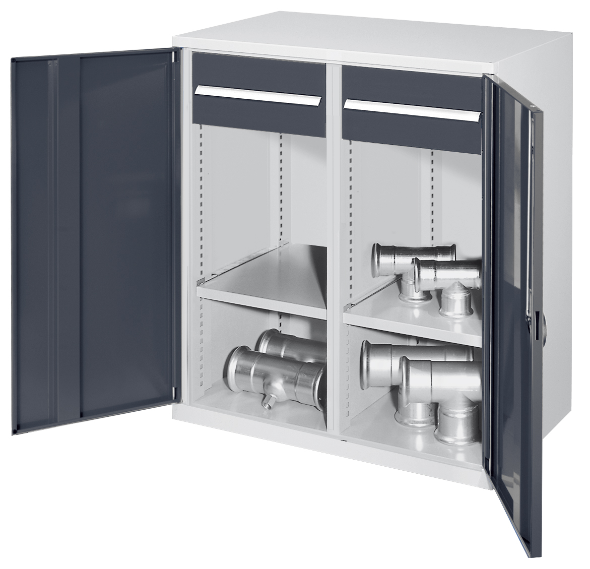 Schwerlast-Beistellschrank Modell 76 von Kappes Systeme: Robuste Stahlkonstruktion mit Mitteltrennwand, Vollblechtüren, zwei Schubladen und verstellbaren Fachböden.