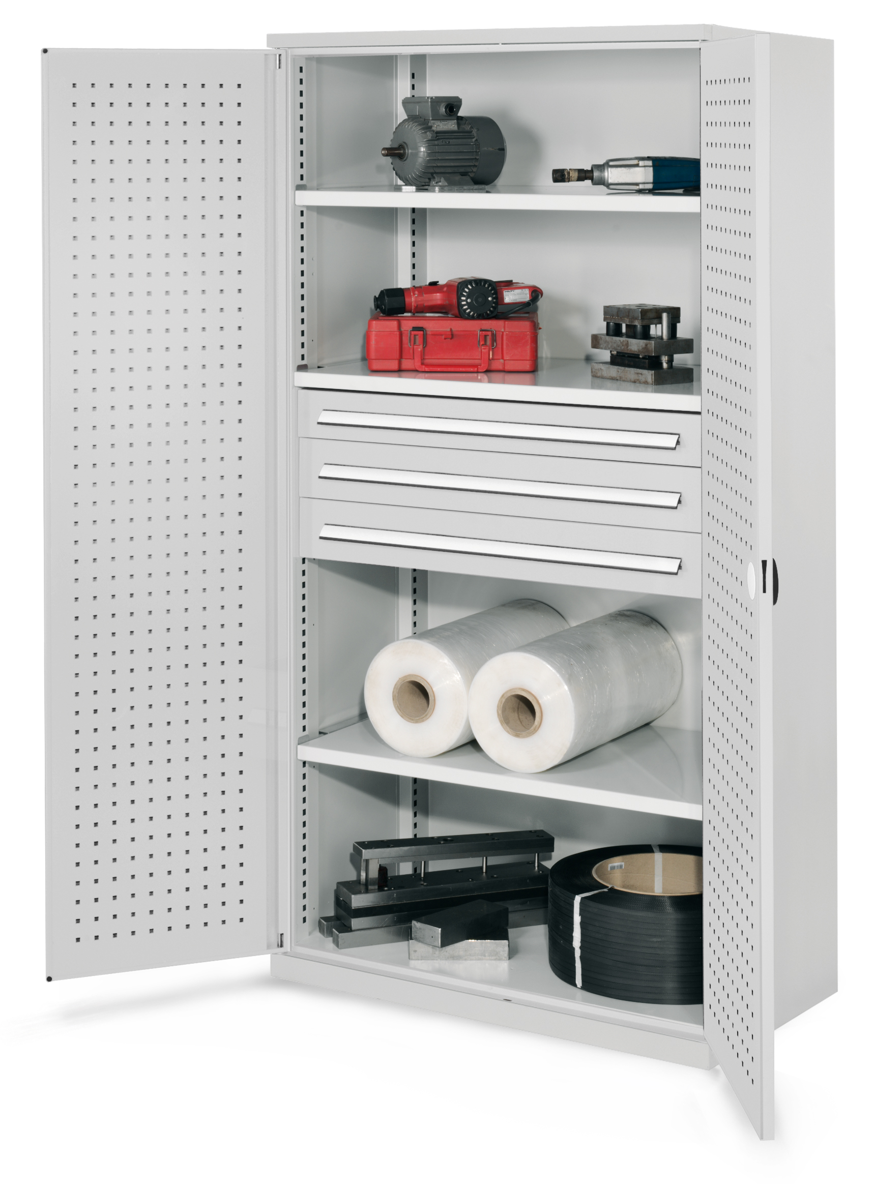 Schwerlastschrank ohne Mitteltrennwand 1950 x 1000 x 600 mm Mod 43 RAL 7035. Türinnenseite: ®RasterPlan Lochplatten 3 Fachboden verzinkt 1 Schubladen RAL 7035 H100 mm 2 Schubladen RAL 7035 125 mm.