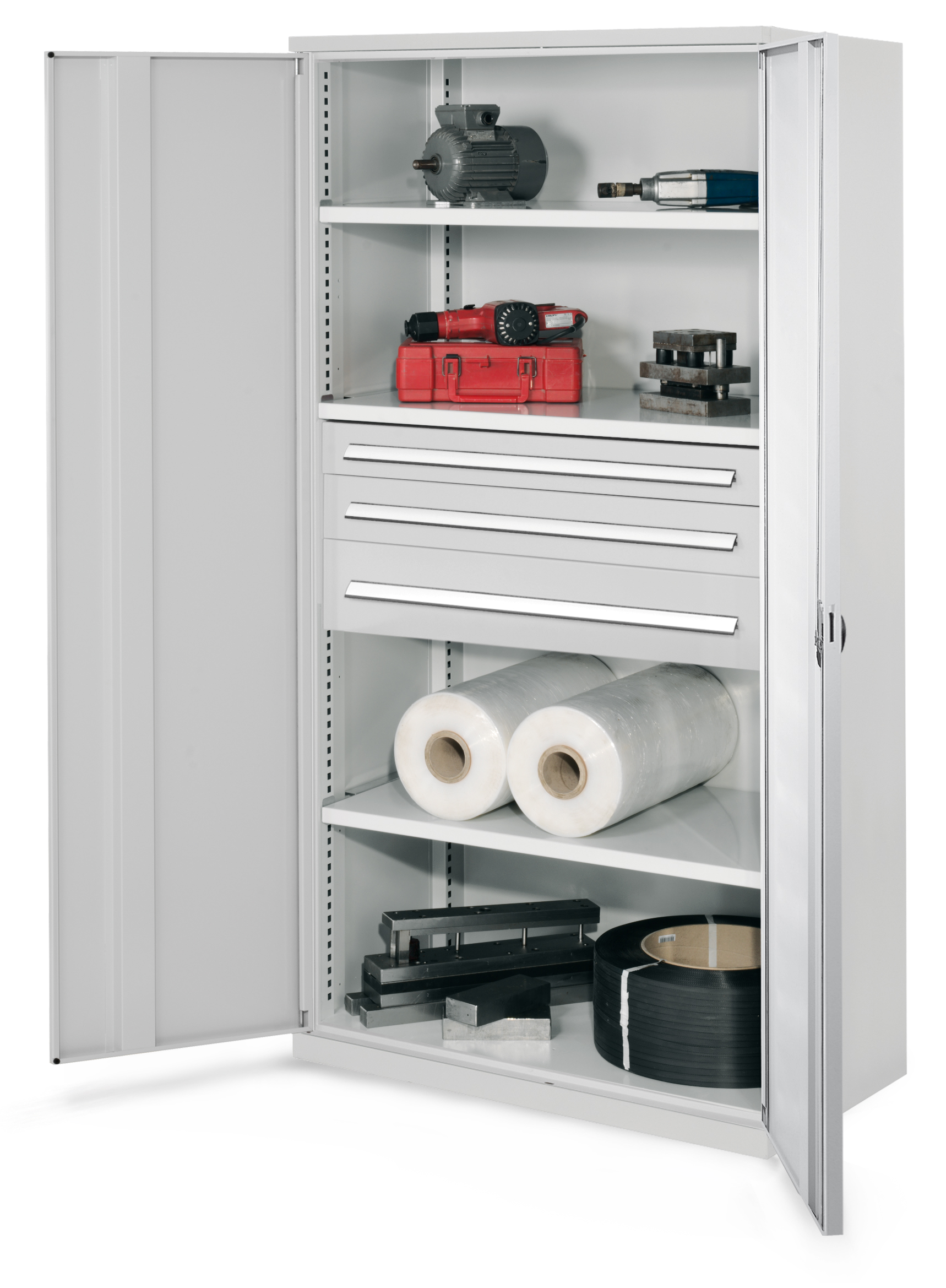 Schwerlastschrank Mod 46 von Kappes Systeme: Robuste Stahlkonstruktion, 1,65 t Tragkraft, verstellbare Fachböden, lichtgrau, mit Sicherheits-Zylinderschloss. Ideal für Industrie.