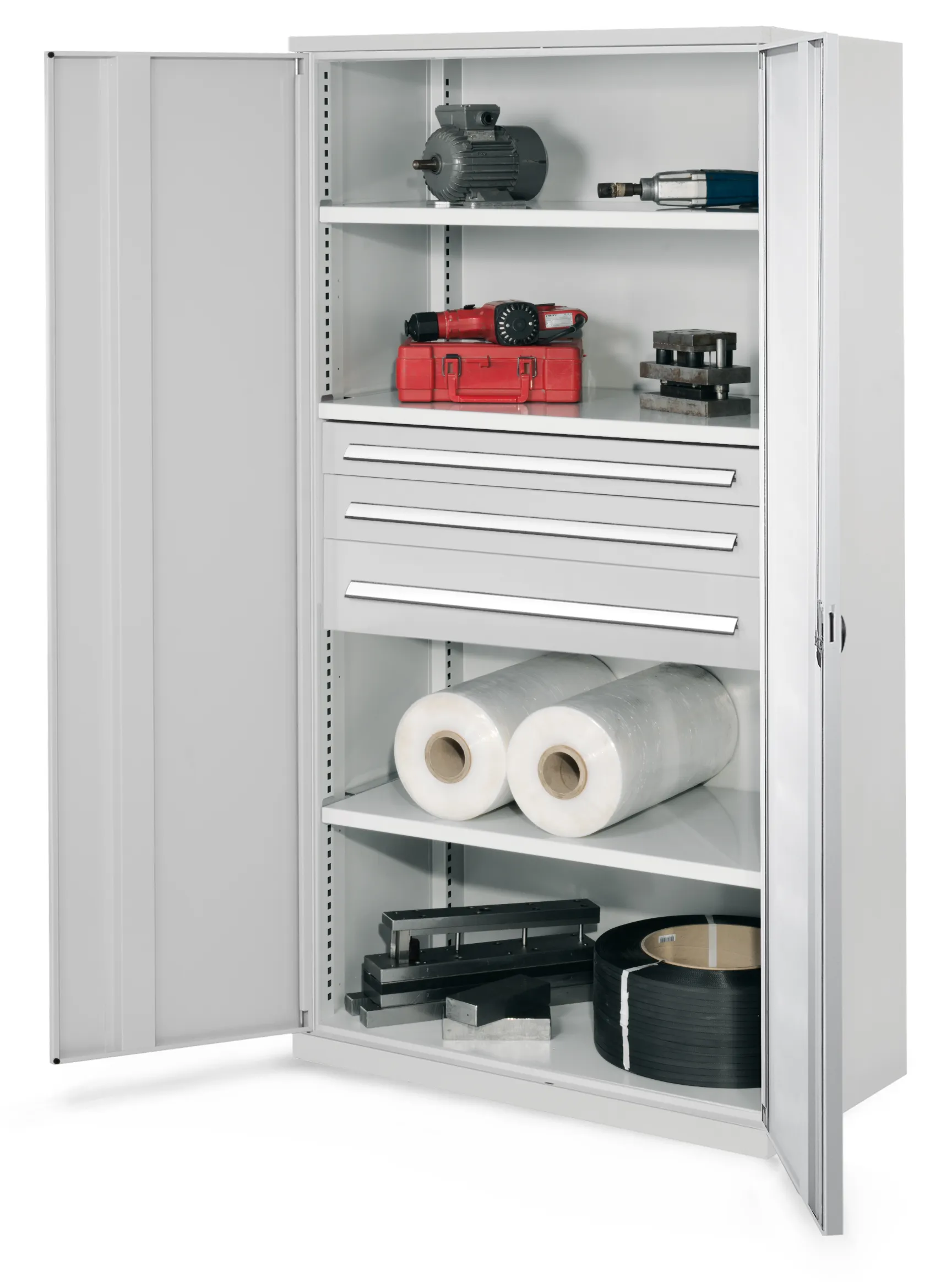 Schwerlastschrank Mod 46 von Kappes Systeme: Robuste Stahlkonstruktion, 1,65 t Tragkraft, verstellbare Fachböden, lichtgrau, mit Sicherheits-Zylinderschloss. Ideal für Industrie.