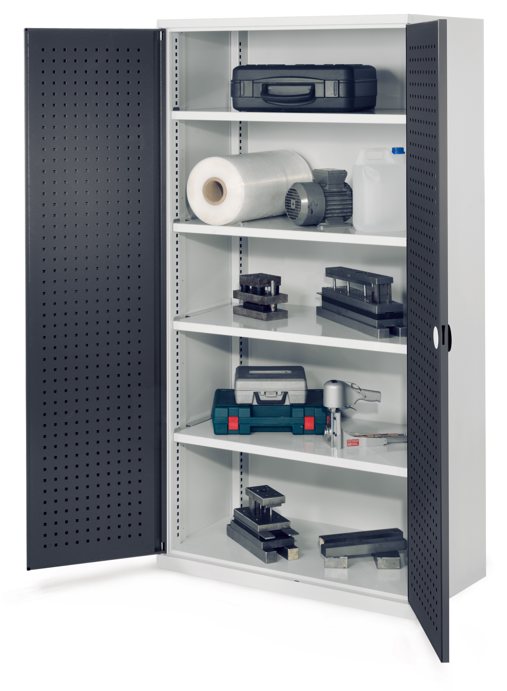 Schwerlastschrank von Kappes Systeme GmbH, Modell 41: Robuste Stahlkonstruktion, 1,65 Tonnen Tragkraft, flexible Innenausstattung, lichtgraue Beschichtung.