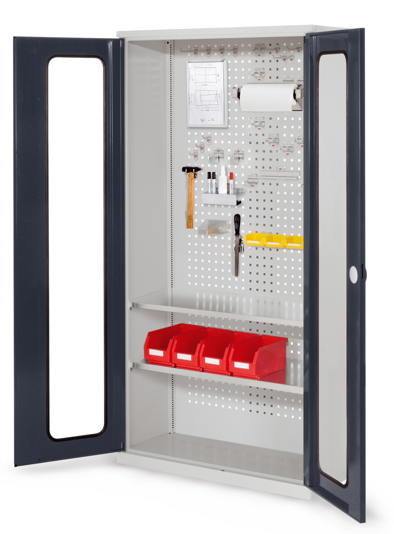 Der ®RasterPlan Werkzeugschrank Modell 5 410 von Kappes Systeme bietet mit Sichtfenstertüren und verstellbaren Fachböden eine robuste und sichere Aufbewahrungslösung.