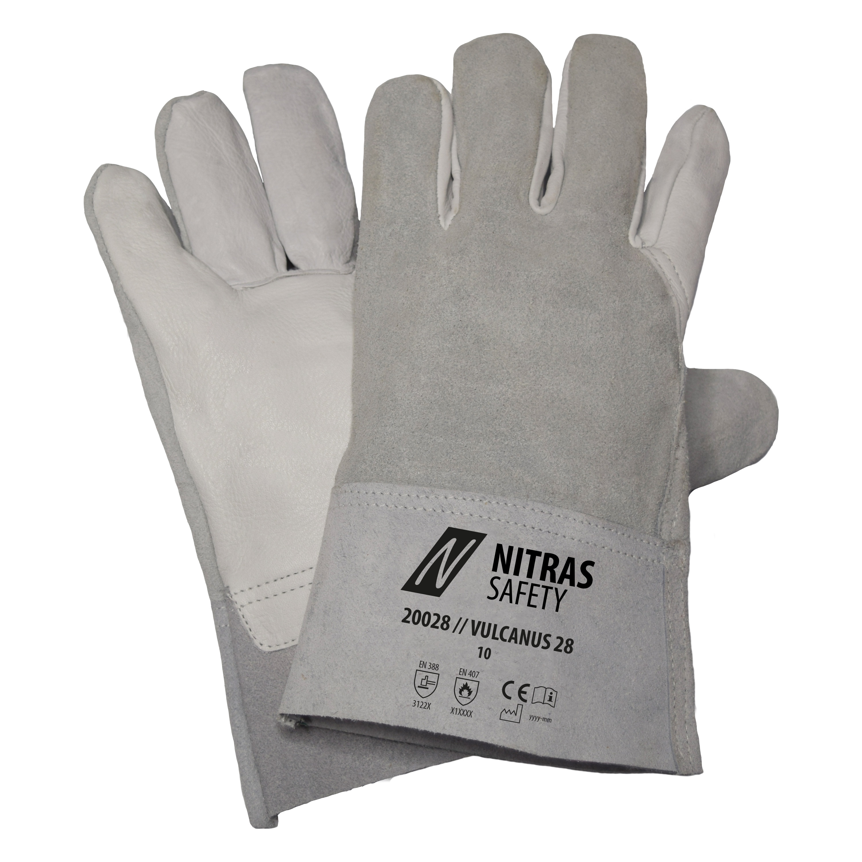 NITRAS VULCANUS 28, 5-Finger-Lederhandschuhe, grau / grau, EN 388, EN 407