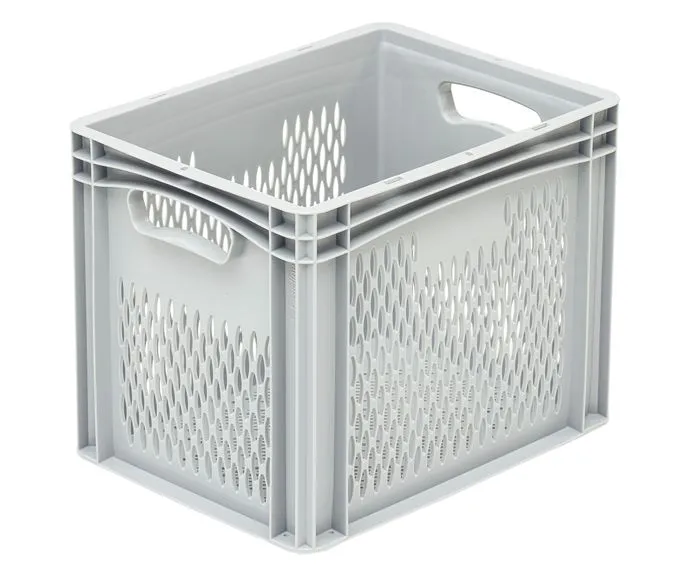 Der Basicline Behälter von Bekuplast ist robust und vielseitig, mit durchbrochenen Seiten für Luftzirkulation und offenen Griffen für einfachen Transport. Maße: 400x300x320 mm.