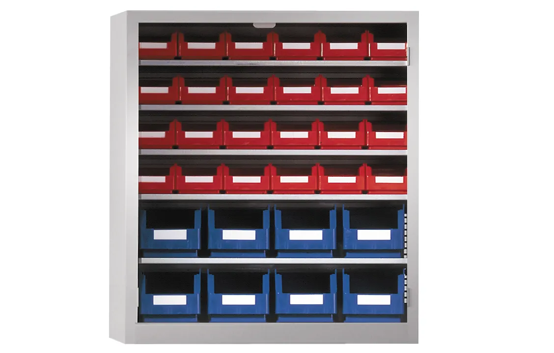 Ordnungsschrank Modell 13 von Kappes Systeme: Robuste Stahlkonstruktion, verstellbare Fachböden, Lagersichtkästen, sicherer Verschluss, ideal für Industrieumgebungen.