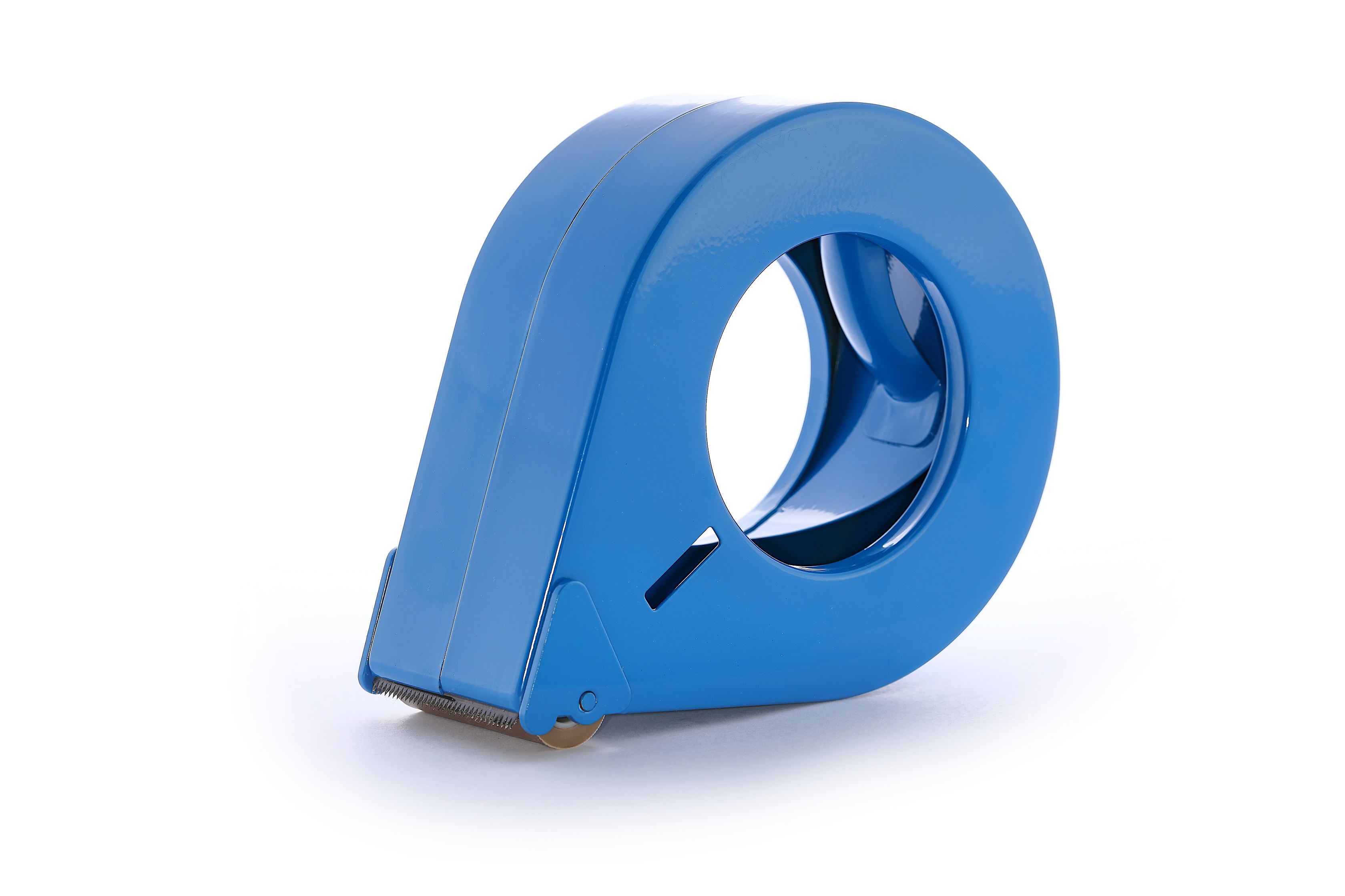 Handabroller aus Metall Blau mit Abrollbremse, 50mm Bandbreite, 122mm Außendurchmesser