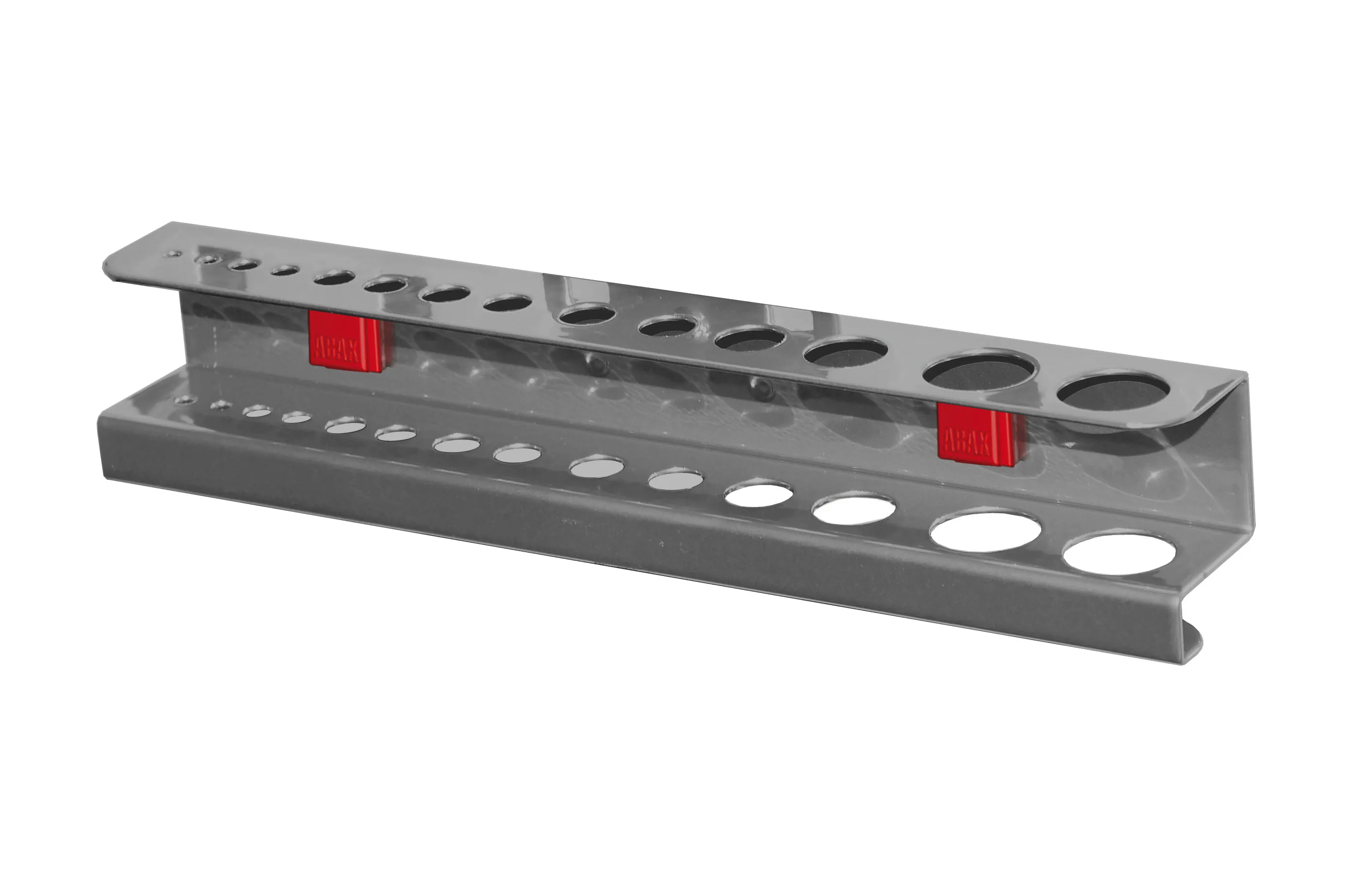Der ABAX? Bohrer- / Innensechskanthalter in Anthrazitgrau bietet werkzeuglose Montage, nahtlose Integration mit ?RasterPlan und flexible Werkstattorganisation.