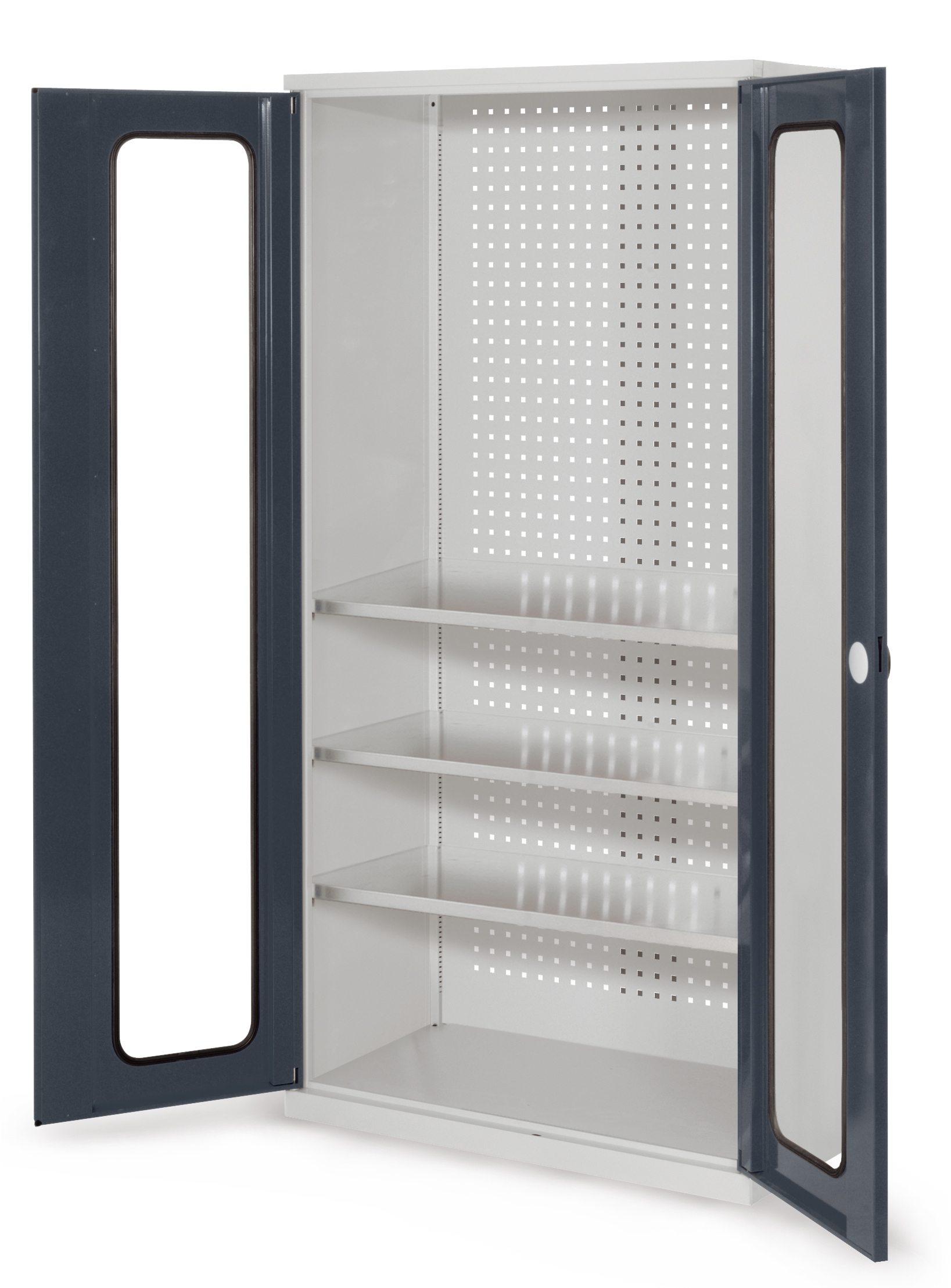 Der ®RasterPlan Werkzeugschrank Modell 6 500 bietet robuste Stahlkonstruktion, verstellbare Fachböden und Sichtfenstertüren für effiziente Werkzeugaufbewahrung.