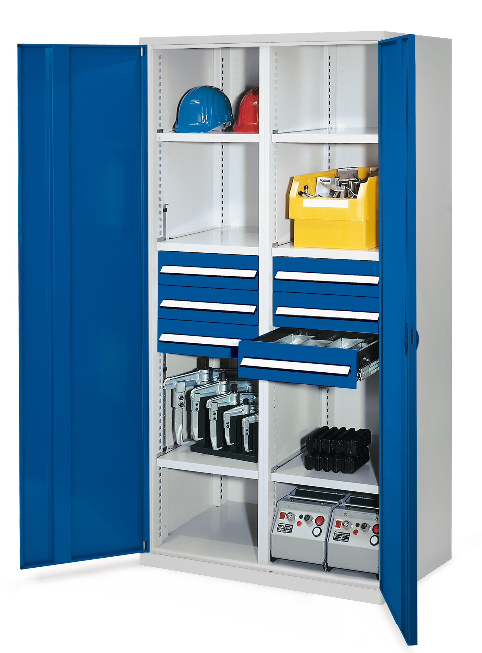 Schwerlastschrank von Kappes Systeme GmbH: Robuste Stahlkonstruktion mit Mitteltrennwand, Vollblechtüren, sechs Schubladen und verstellbaren Fachböden, RAL 7035/5010.