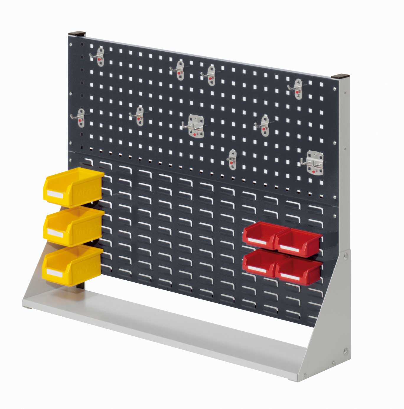 Die einseitige RasterPlan Stellwand von Kappes Systeme (H760 x B1000 x T240 mm) in RAL 7035/7016 bietet Flexibilität mit 10 Werkzeughaltern und 7 Lagersichtkästen.