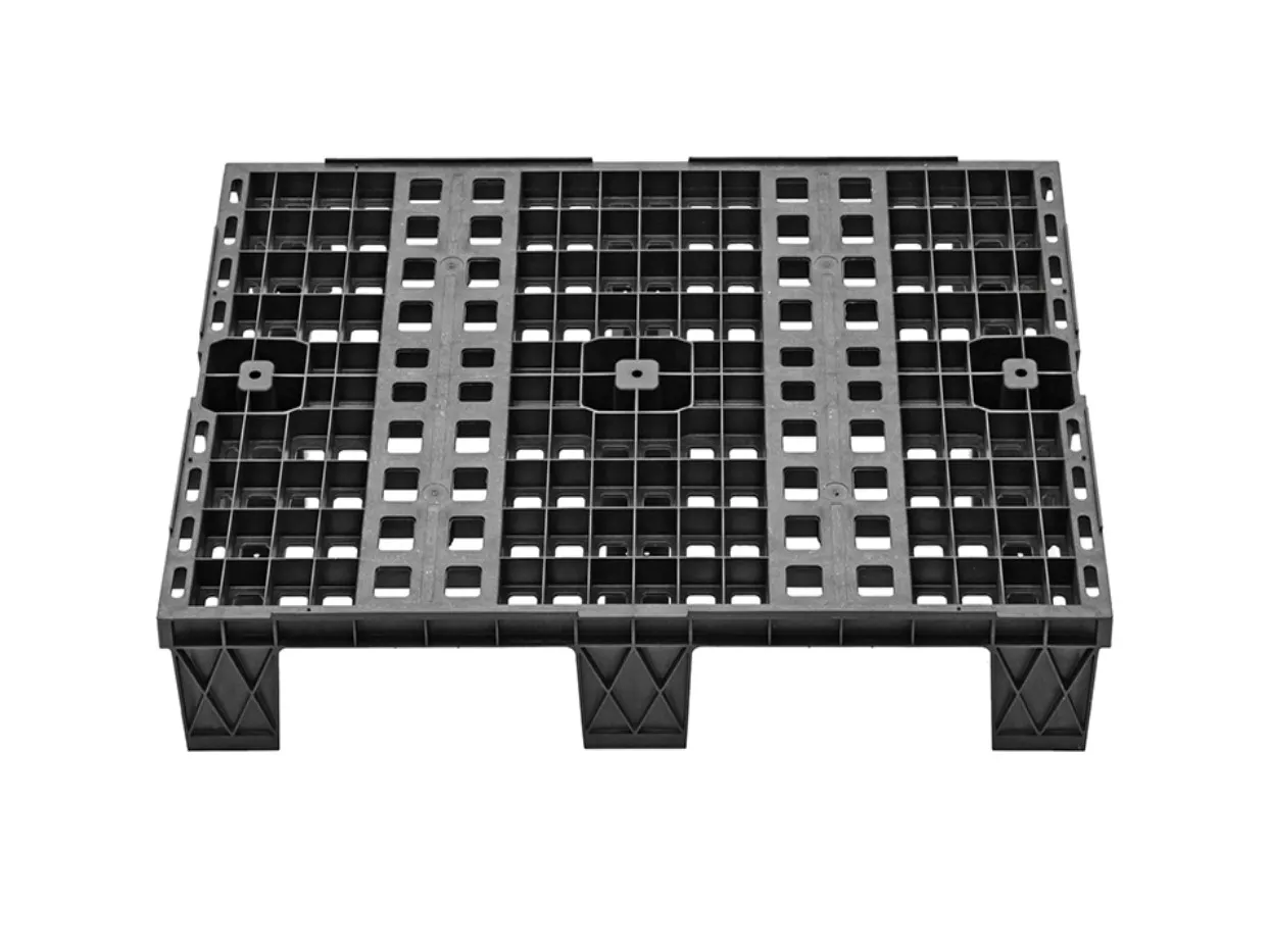 Die Purus TR-10048-SCH Halbpalette aus recyceltem Kunststoff wiegt 3,7 kg, tr?gt bis zu 400 kg und ist ideal f?r automatisierte Systeme und leicht zu reinigen.