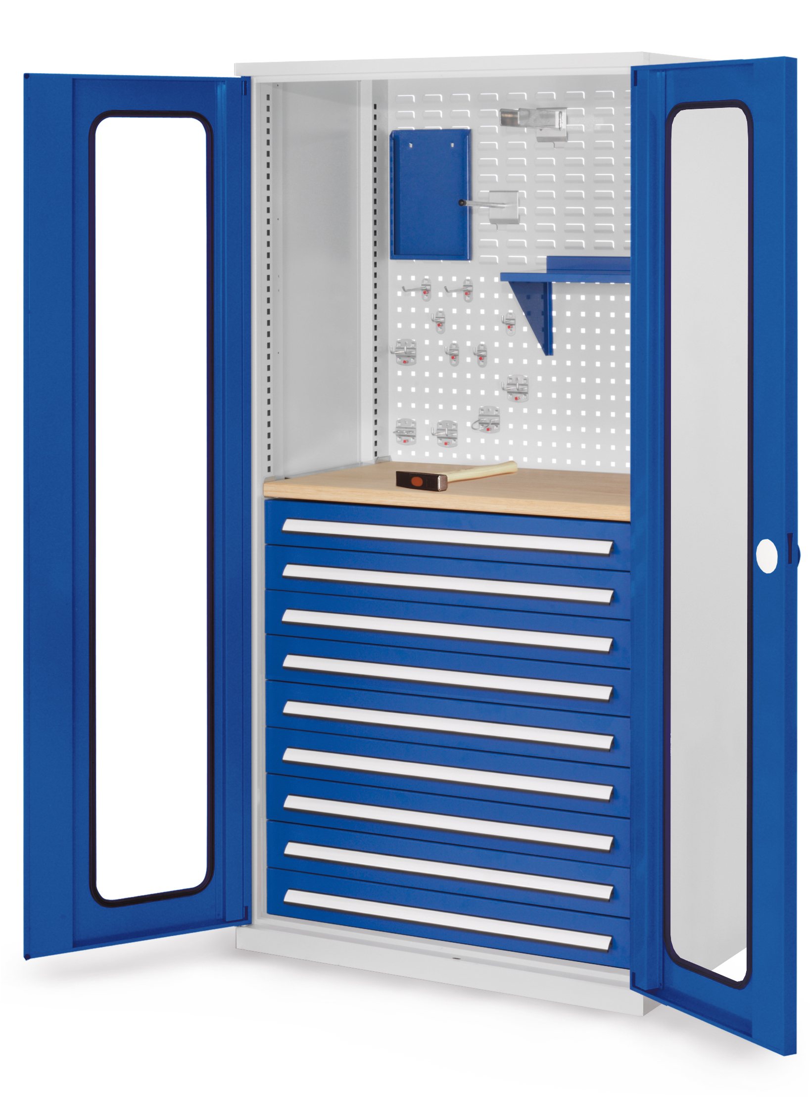 Der RasterPlan Schubladenschrank Modell 37 von Kappes Systeme bietet mit Sichtfenstertüren, neun Schubladen und Multiplex-Werkbankplatte optimale Lagerlösungen.