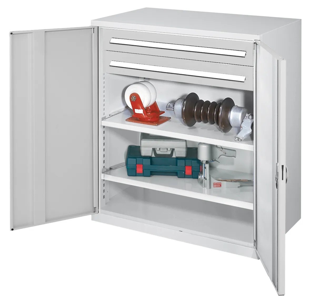 Schwerlast-Beistellschrank Modell 63 von Kappes Systeme: Robuste Stahlkonstruktion, 1,65 Tonnen Tragkraft, flexible Fachb?den, sichere Vollblecht?ren, lichtgraue Beschichtung.