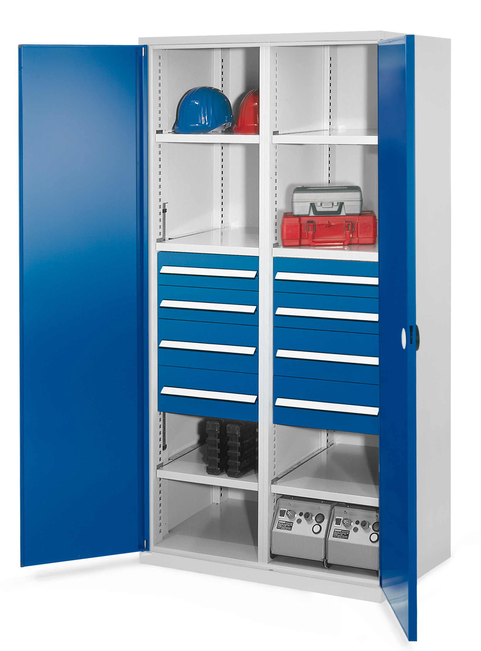 Produktbild des Schwerlastschranks Mod 54 von Kappes Systeme GmbH: Robuste Stahlkonstruktion mit Mitteltrennwand, Doppelwandtür, 8 Schubladen und verstellbaren Fachböden.