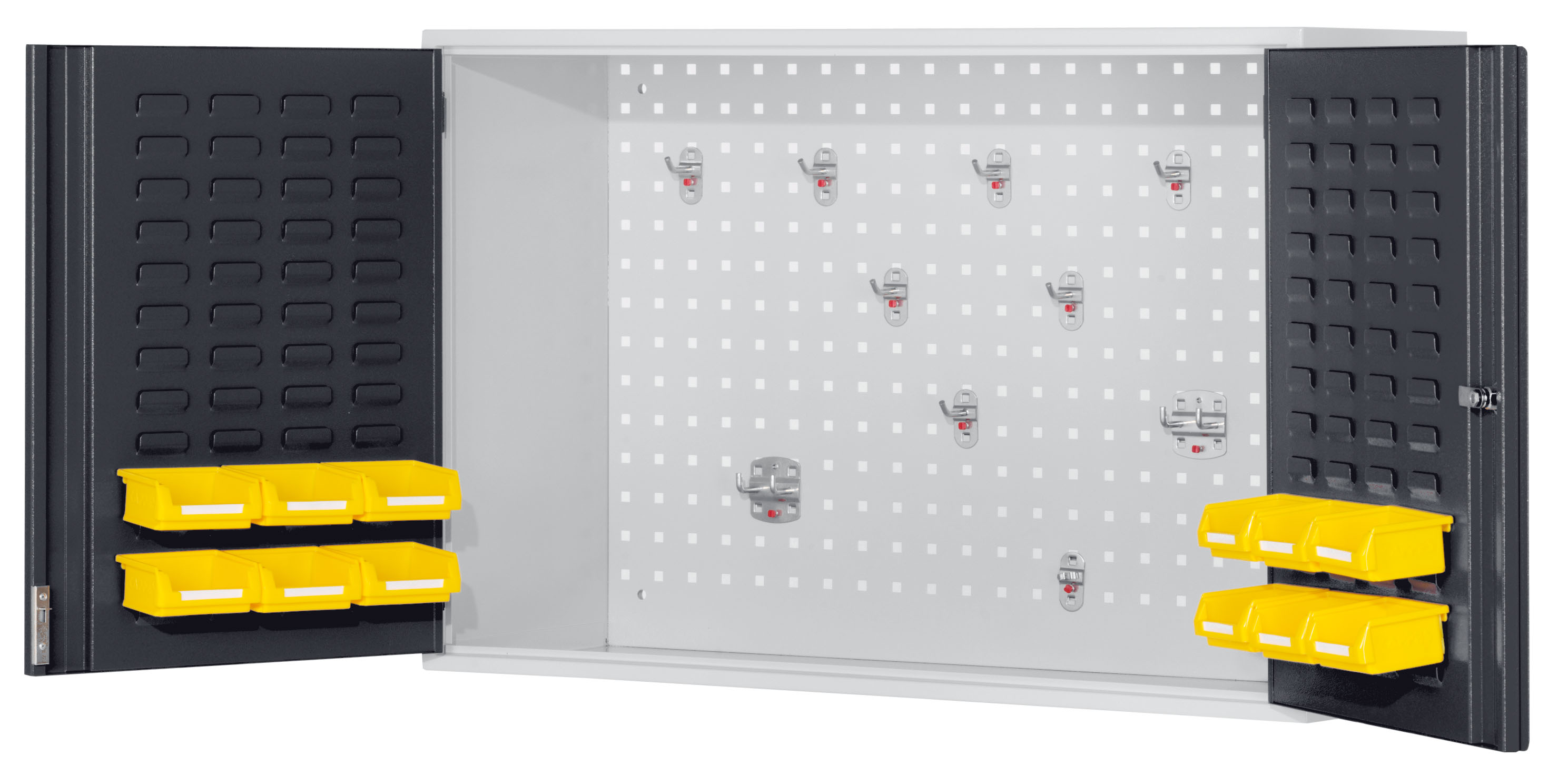 Der ®RasterPlan Hängeschrank Modell 20 von Kappes Systeme bietet robuste, sichere Werkzeugaufbewahrung mit Stahlkonstruktion und Sicherheits-Zylinderschloss.