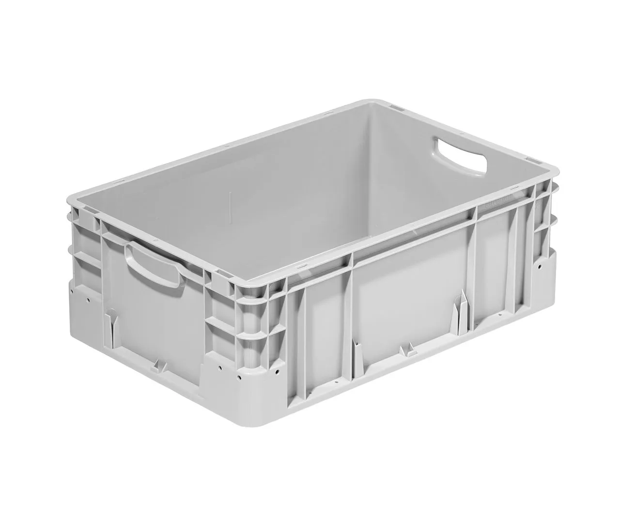 Silverline Eurobehälter 600x400x220 mm: Robuster, grauer Behälter mit offenen Stirnseitengriffen und geschlossenen Längsseiten für einfache Handhabung und Stabilität.