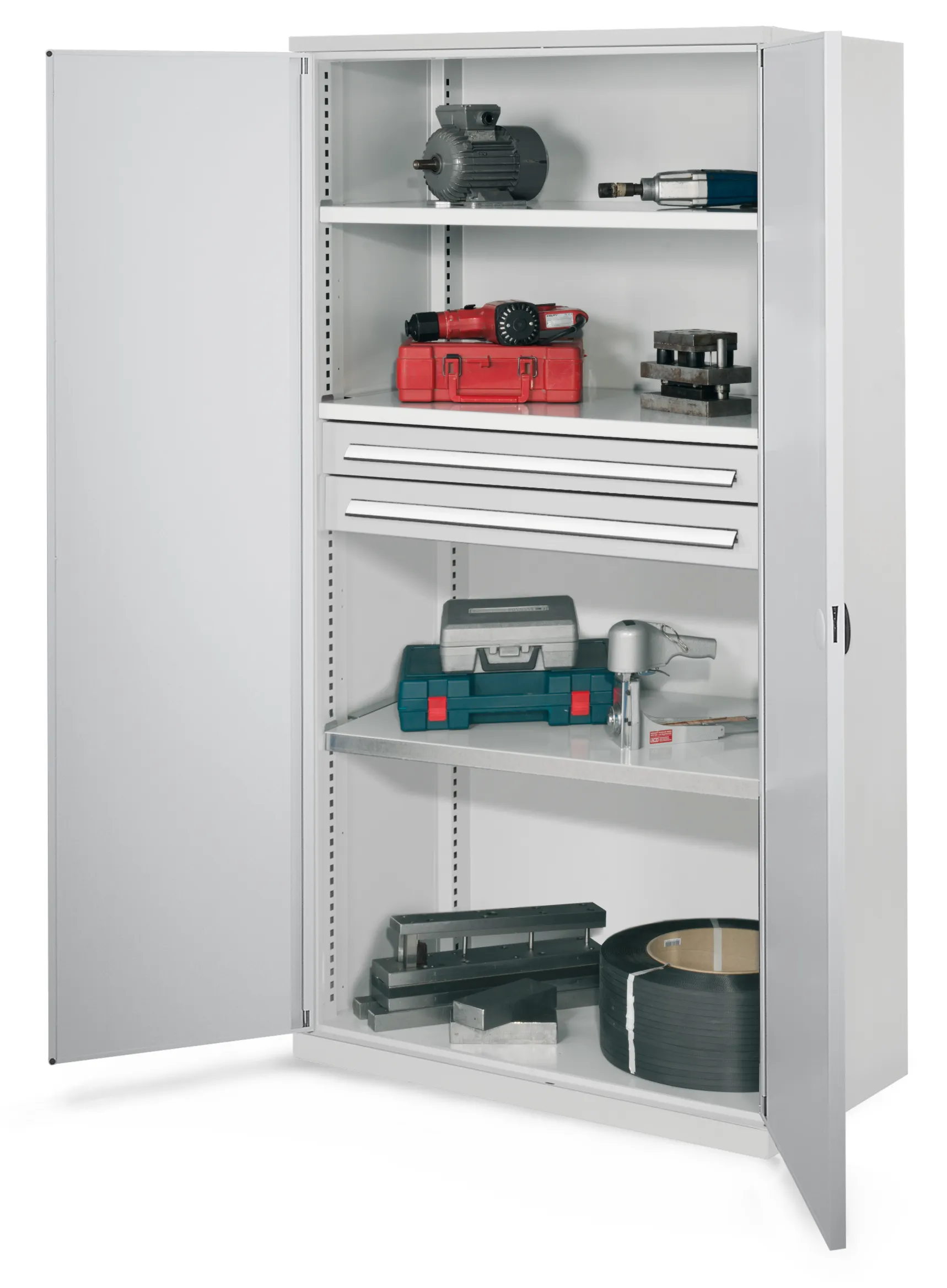 Schwerlastschrank Mod 45 von Kappes Systeme: Robuste Stahlkonstruktion, lichtgrau, mit doppelwandiger T?r, 3 Fachb?den, 2 Schubladen, bis 1,65 Tonnen belastbar.