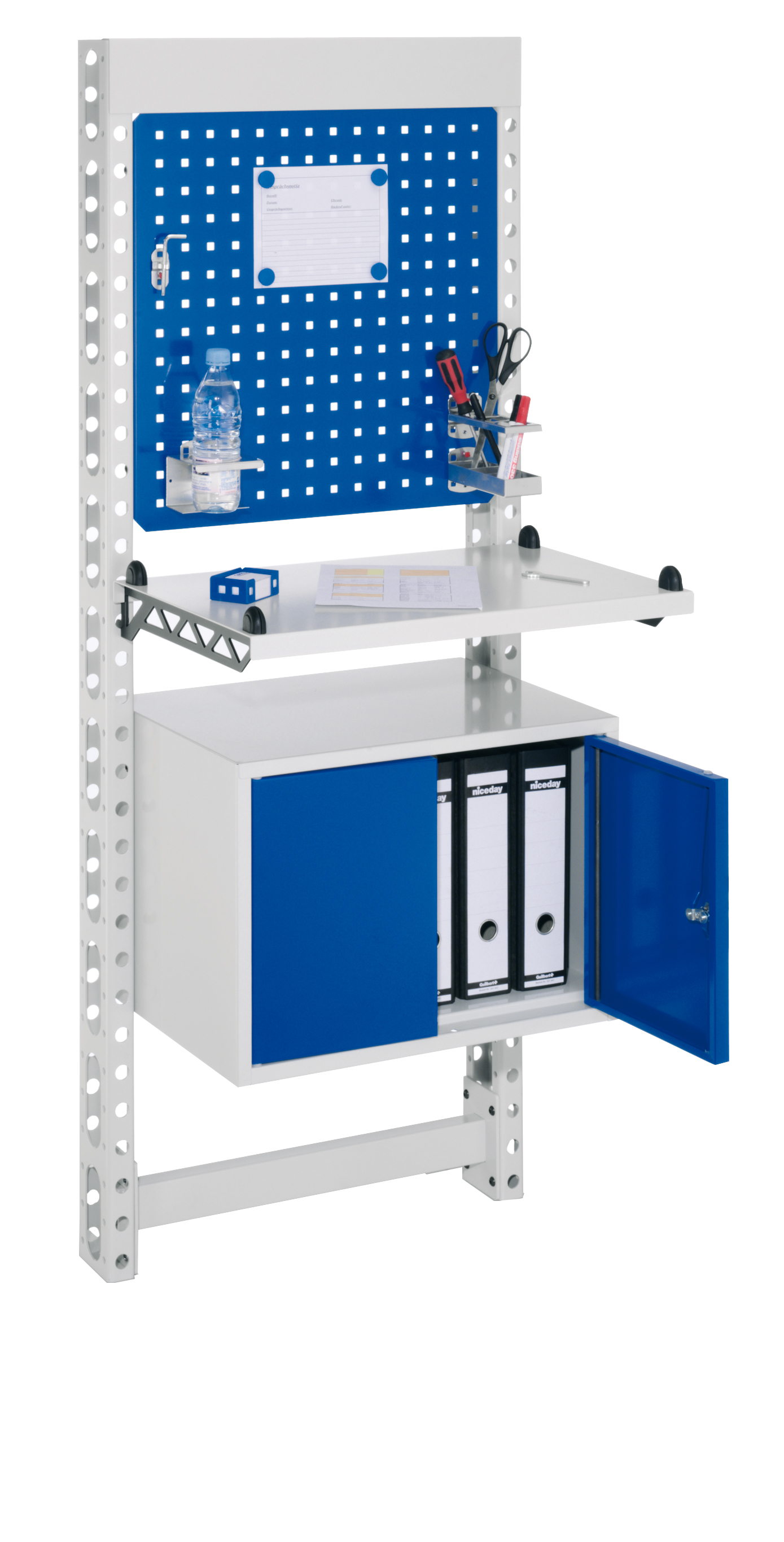 Der ErgoPlus Steharbeitsplatz von Kappes Systeme: Robuste, modulare Konstruktion in Lichtgrau und Enzianblau, ideal f?r Industrie und Gewerbe. Ma?e: H 1650 x B 670 mm.
