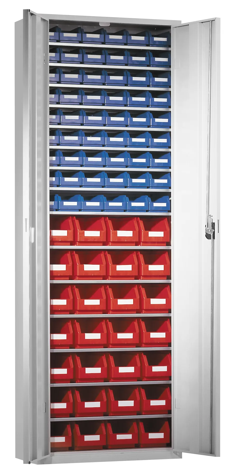 Ordnungsschrank Modell 31 von Kappes Systeme: Robuste Stahlkonstruktion, lichtgrau, mit Lagersichtkästen. Sicherheitsschloss und verstellbare Fachböden inklusive.