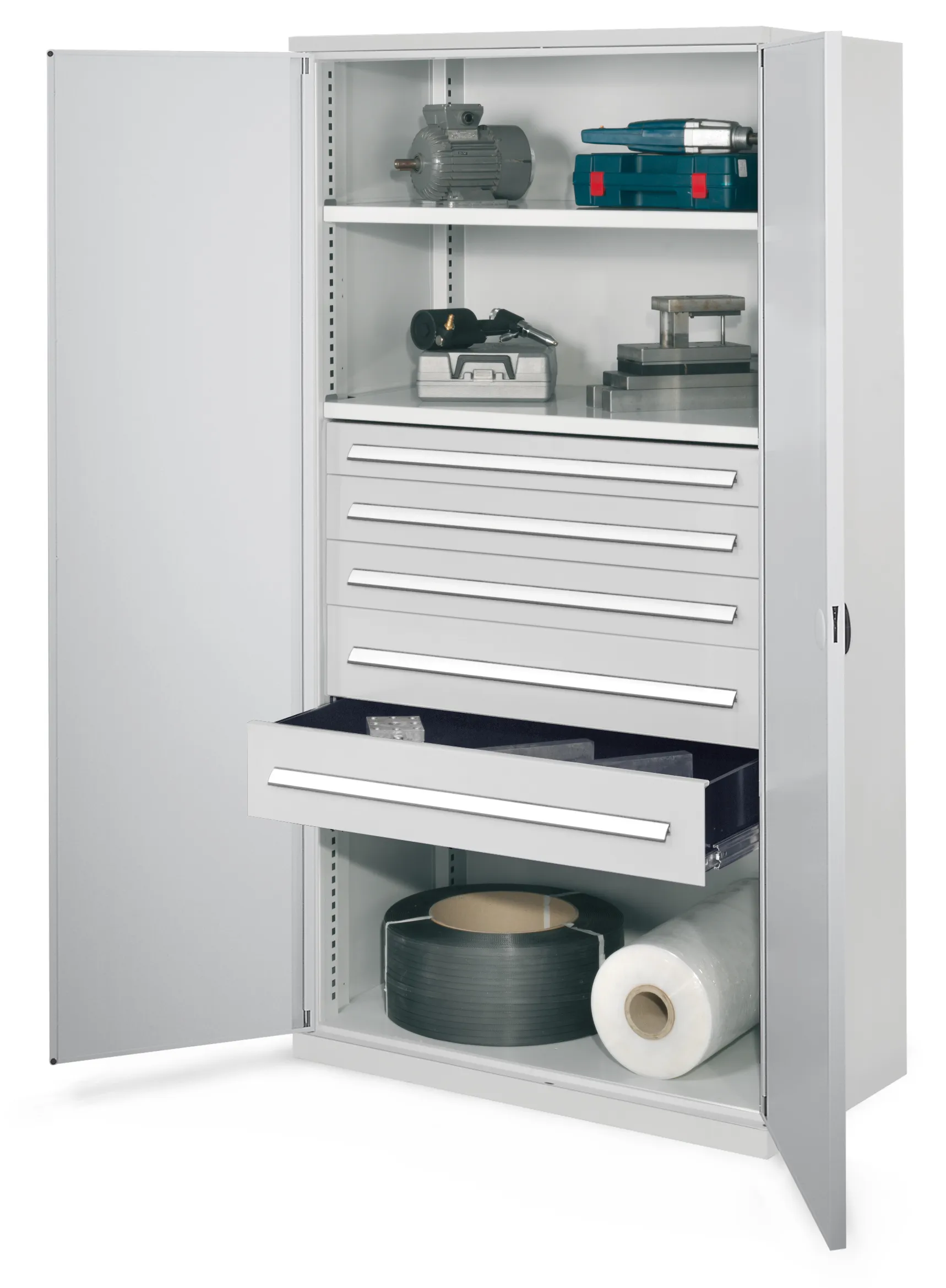 Schwerlastschrank von Kappes Systeme: Robuste Stahlkonstruktion, lichtgrau, mit Doppelwandt?ren, Schubladen und verstellbaren Fachb?den f?r bis zu 1,65 Tonnen.
