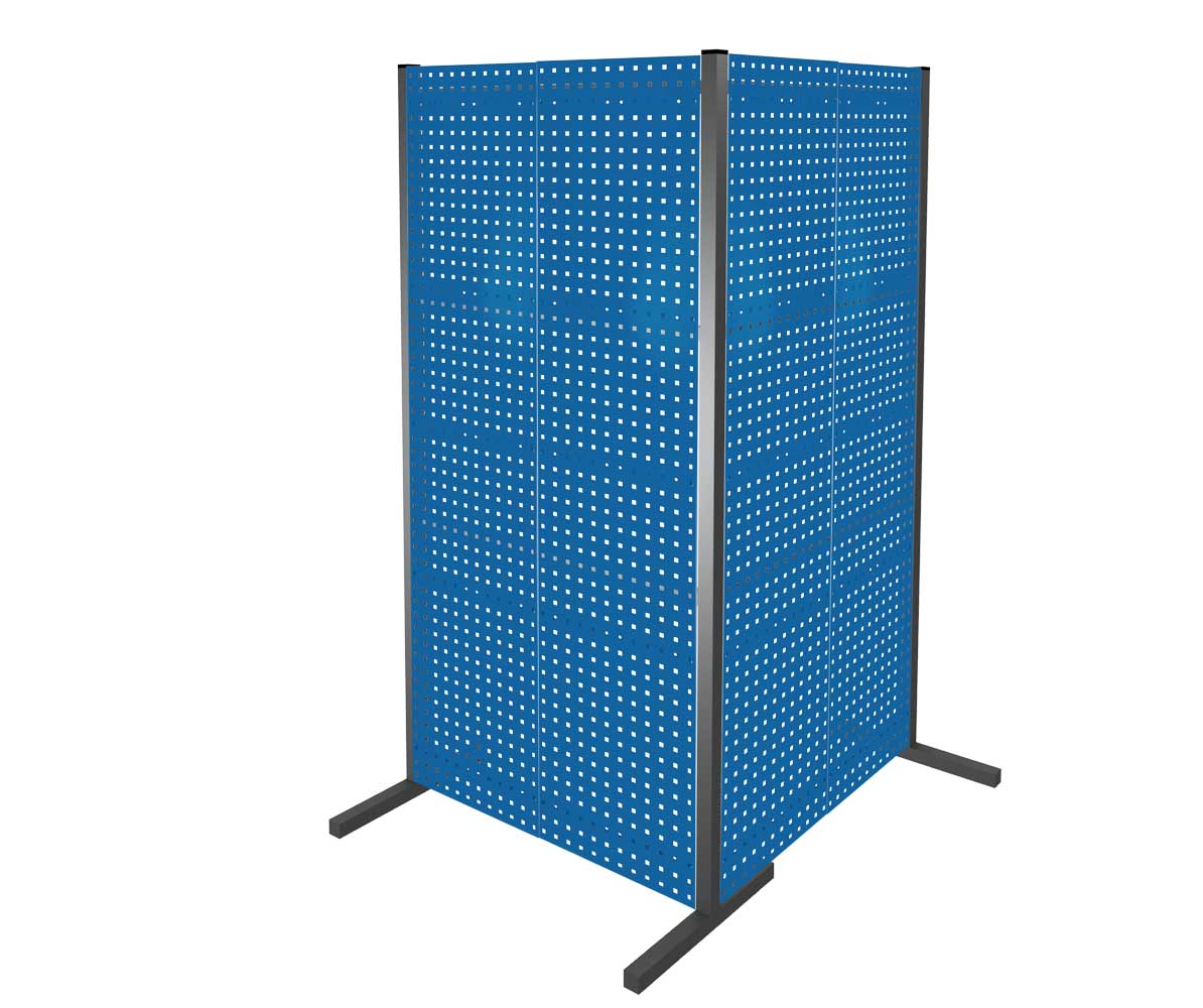 Das ®RasterPlan Trennwandsystem in RAL 5010 bietet flexible, maßgeschneiderte Lösungen für Arbeitsbereiche mit vier Lochplatten für Ordnung und Struktur.