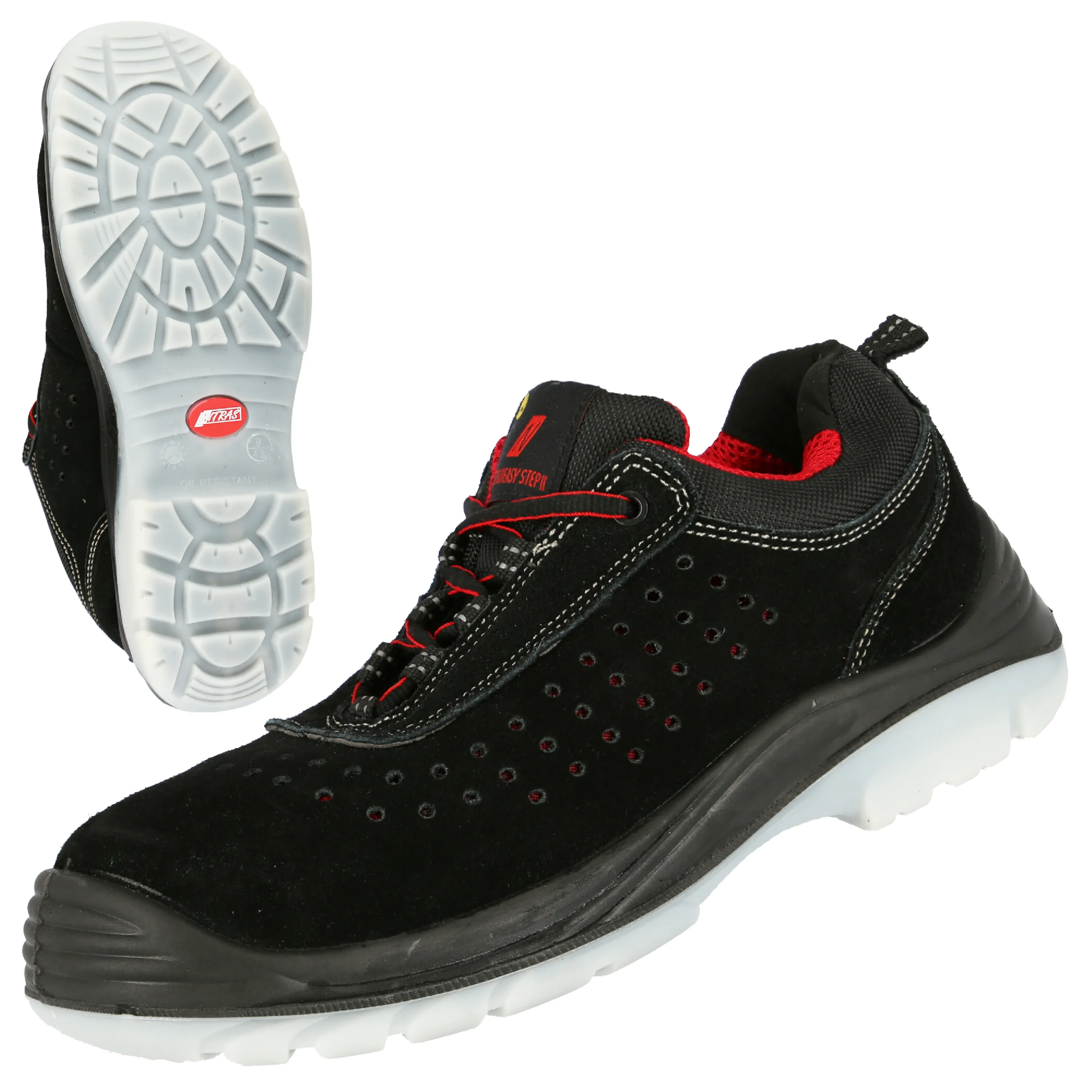 NITRAS EASY STEP P, S1P Sicherheitshalbschuhe aus robustem, schwarzem Veloursleder bieten Schutz und Komfort mit atmungsaktiver Oberfl?che und rutschfester Sohle.