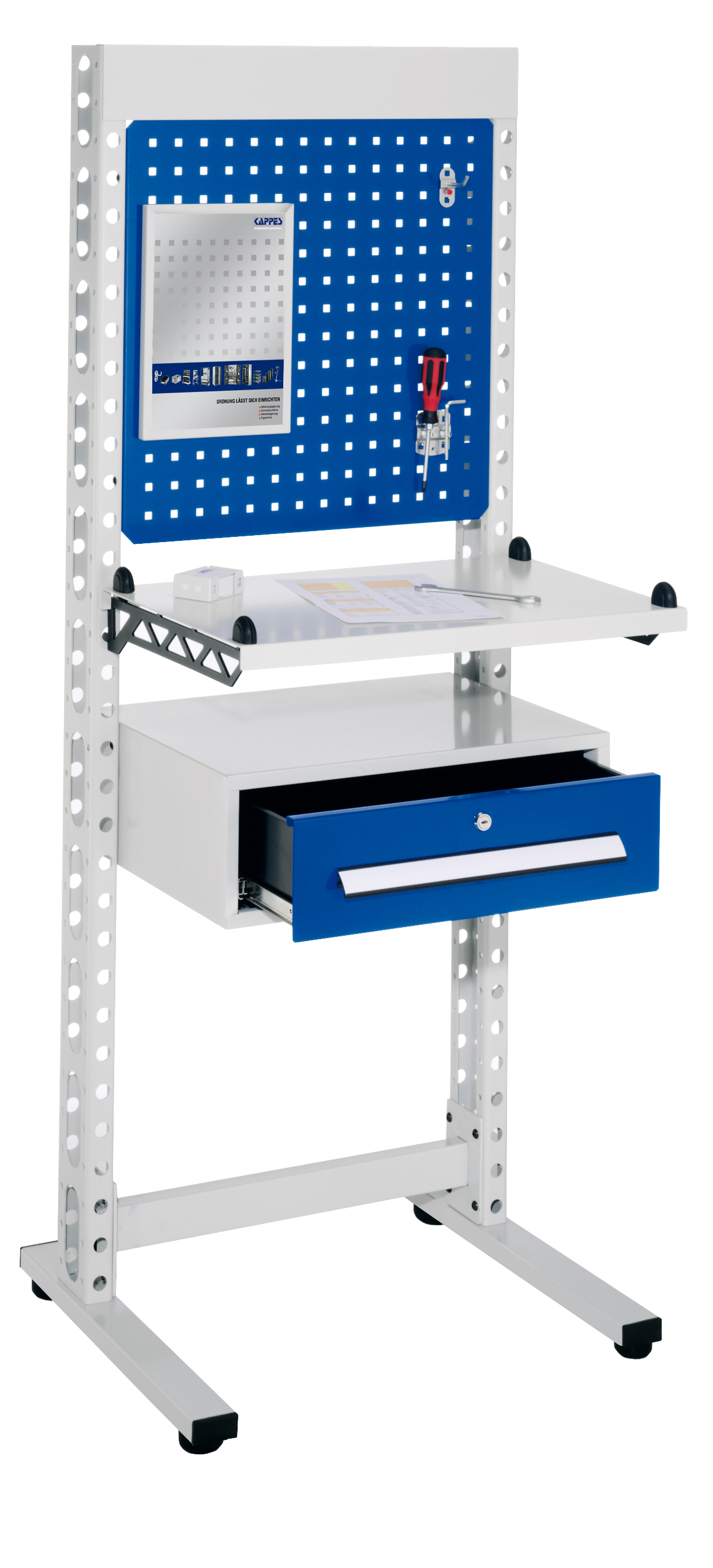ErgoPlus Steharbeitsplatz H1770 xB 670mm H 1770 x B 670 mm RAL 7035 /5010. Modell 1 inklusiv 1 Schublade 200 x B 570 x T 400 mm ausgestattet mit 4 Bodenausgleichsfüßen.