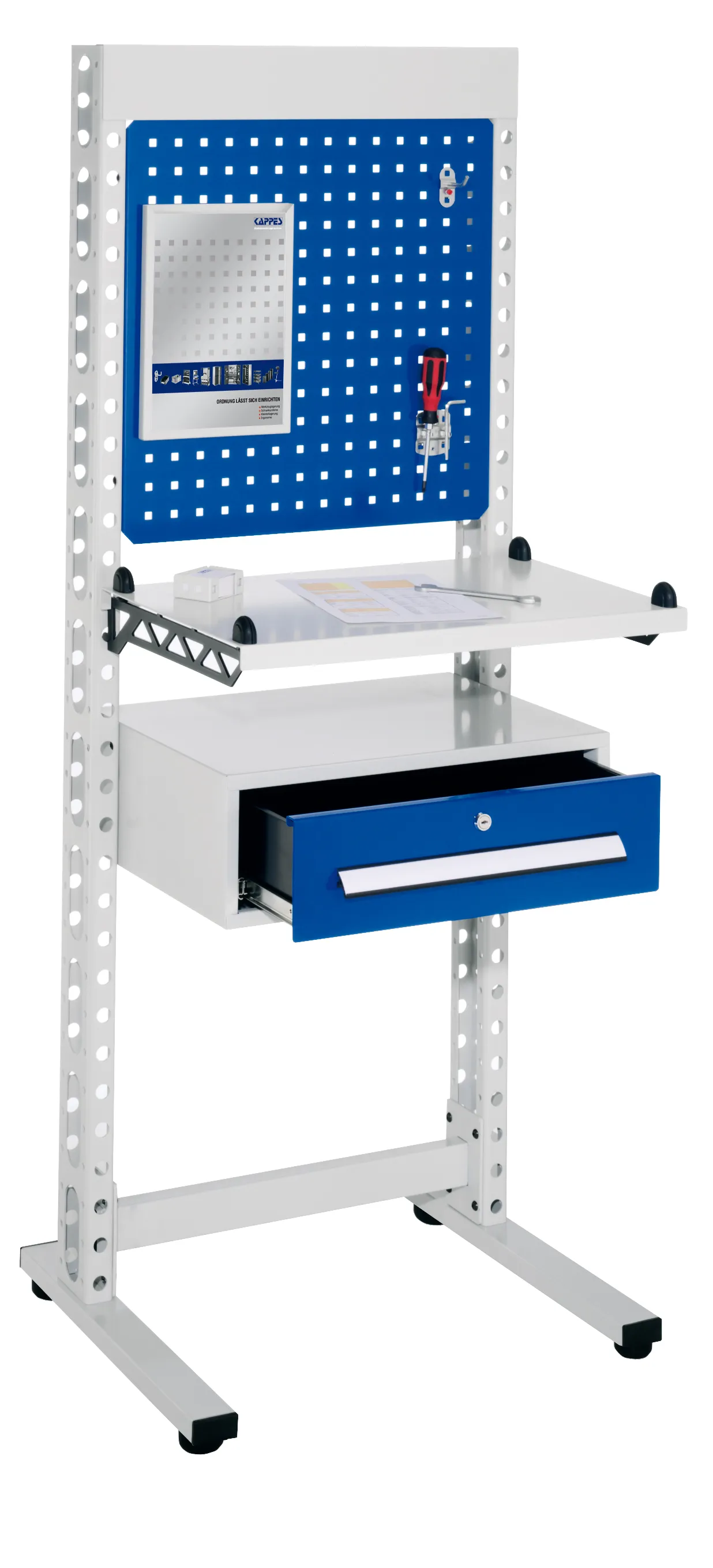 ErgoPlus Steharbeitsplatz von Kappes: Ergonomisch, robust und flexibel anpassbar, ideal f?r Industrie und Handel. Schlagfeste Beschichtung in lichtgrau und enzianblau.
