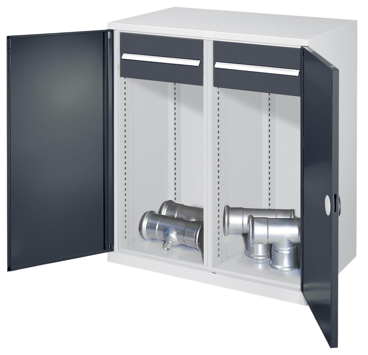 Schwerlast-Beistellschrank Modell 75 von Kappes Systeme: Robuste Stahlkonstruktion, 1,65 t Kapazität, flexible Organisation, verstärkte Türen, lichtgrau.