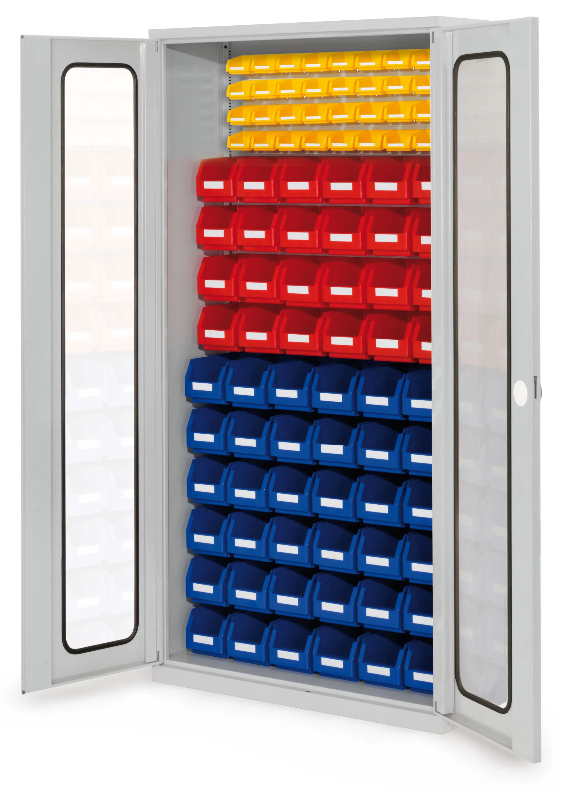 Der RasterPlan Schlitzplattenschrank von Kappes Systeme bietet mit Sichtfenstert?ren und robustem Design eine effiziente Lagerl?sung f?r Kleinteile. Ma?e: H1950 x B1000 x T410 mm.