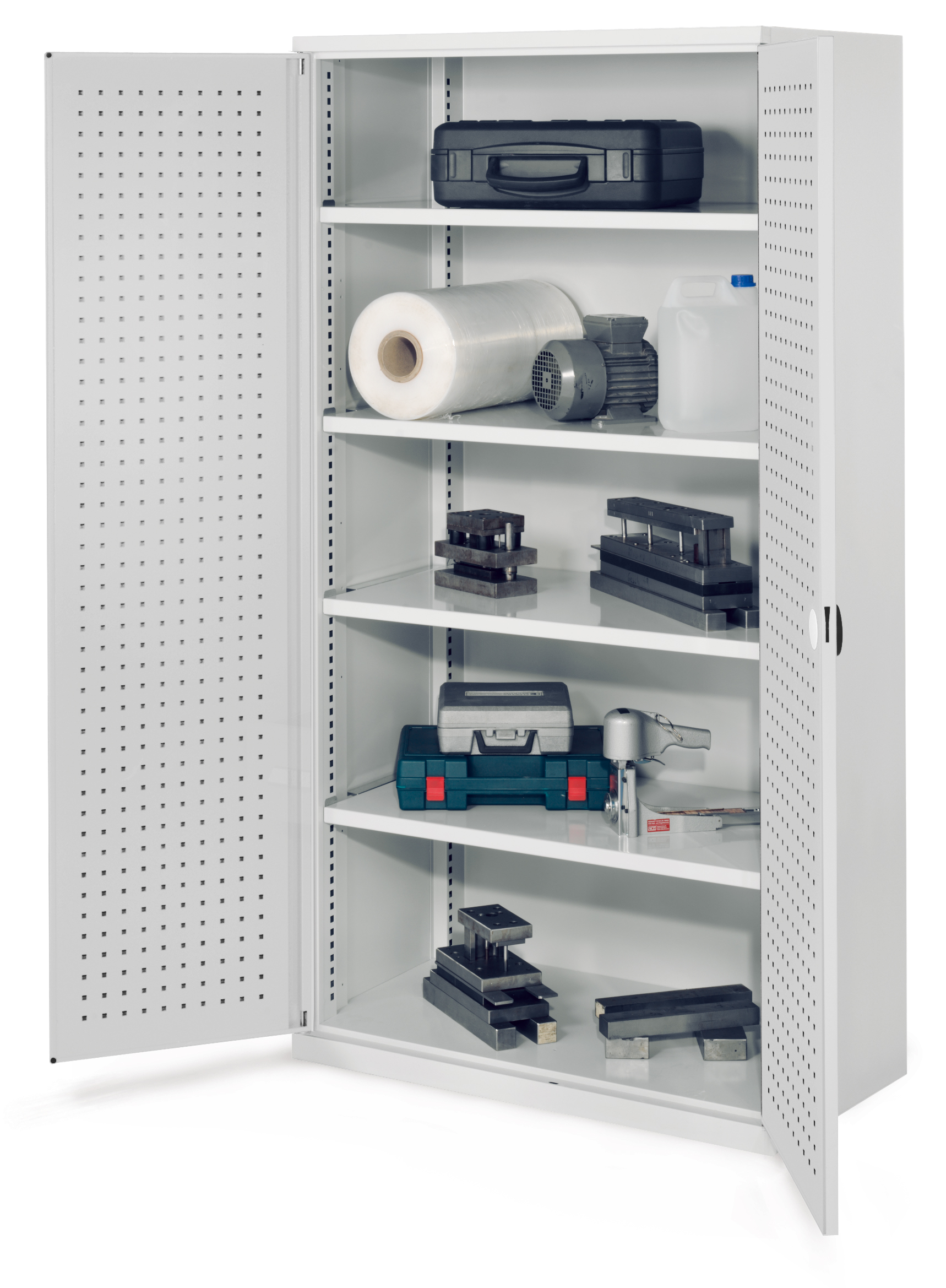 Schwerlastschrank ohne Mitteltrennwand 1950 x 1000 x 600 mm Mod 41 RAL7035. Türinnenseite: ®RasterPlan Lochplatten 4 Fachböden verzinkt.
