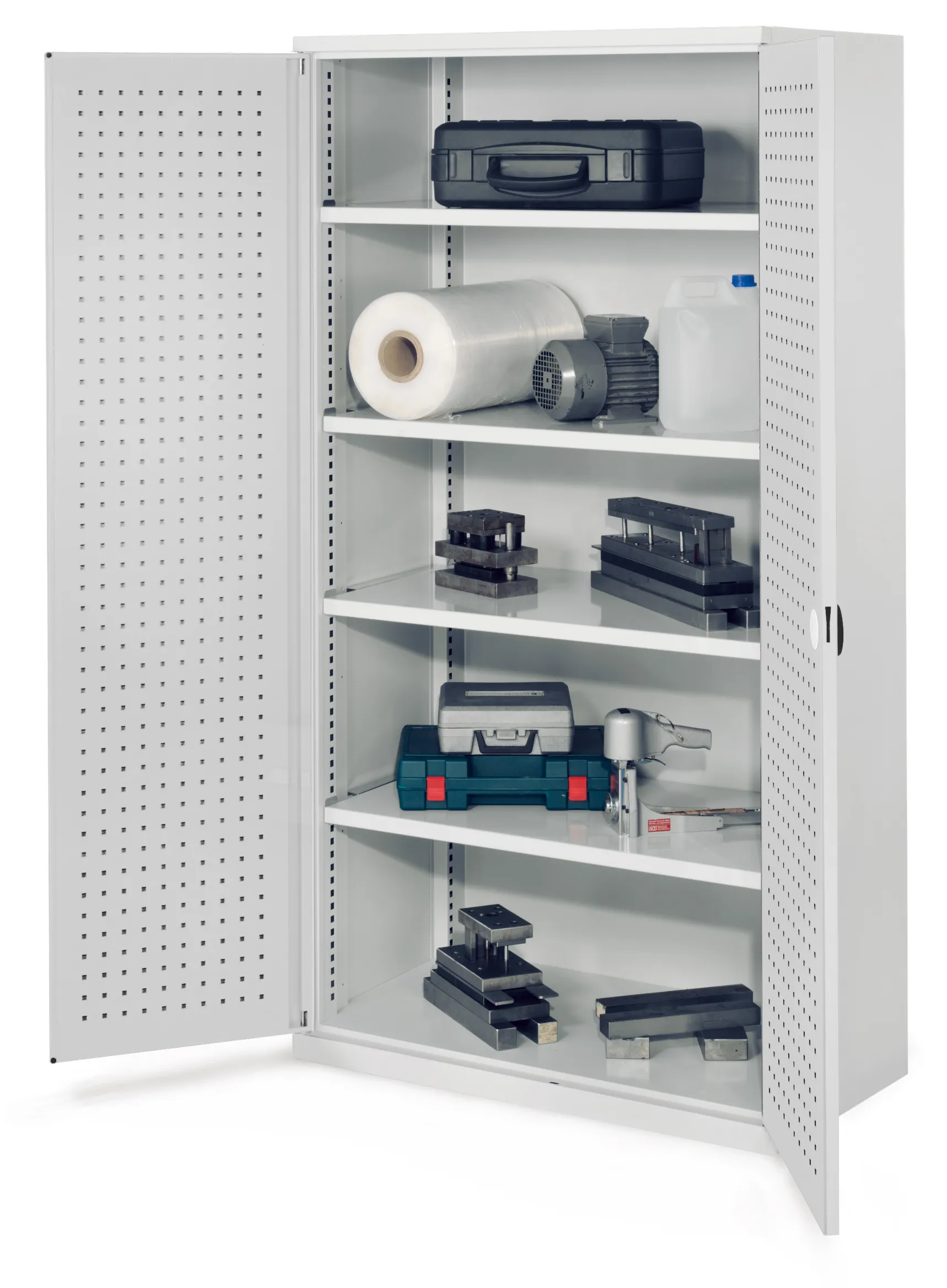 Schwerlastschrank von Kappes Systeme: Robuste Stahlkonstruktion, lichtgrau, mit Lochplatten, 4 Fachb?den, 3 Schubladen, bis 1,65 Tonnen belastbar, sicher verschlie?bar.