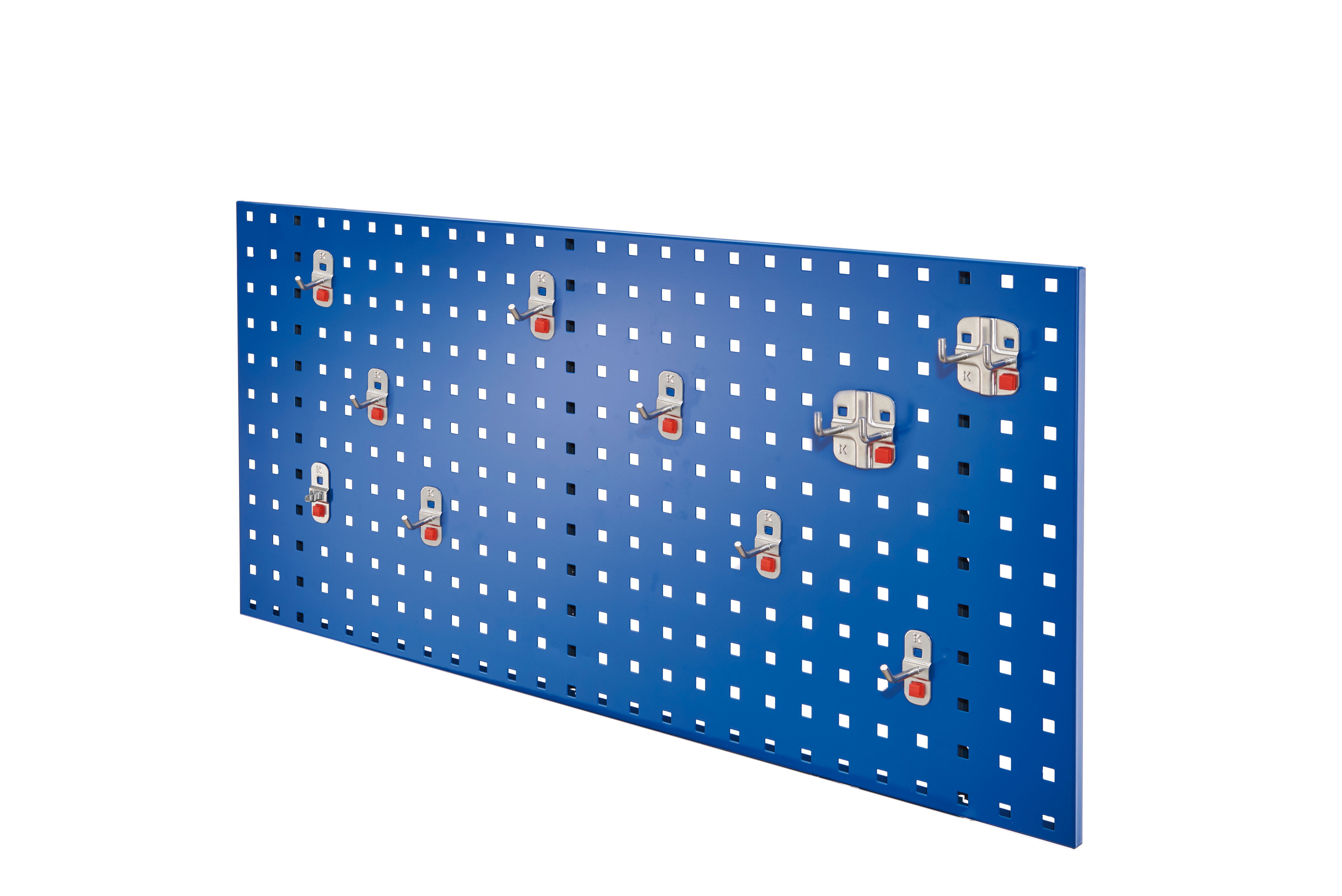 Produktbild des ®RasterPlan/ABAX Lochplatten Einsteigersets 1: Eine blaue 1000 mm Lochplatte mit 10-teiligen Werkzeughaltern für flexible, werkzeuglose Integration.