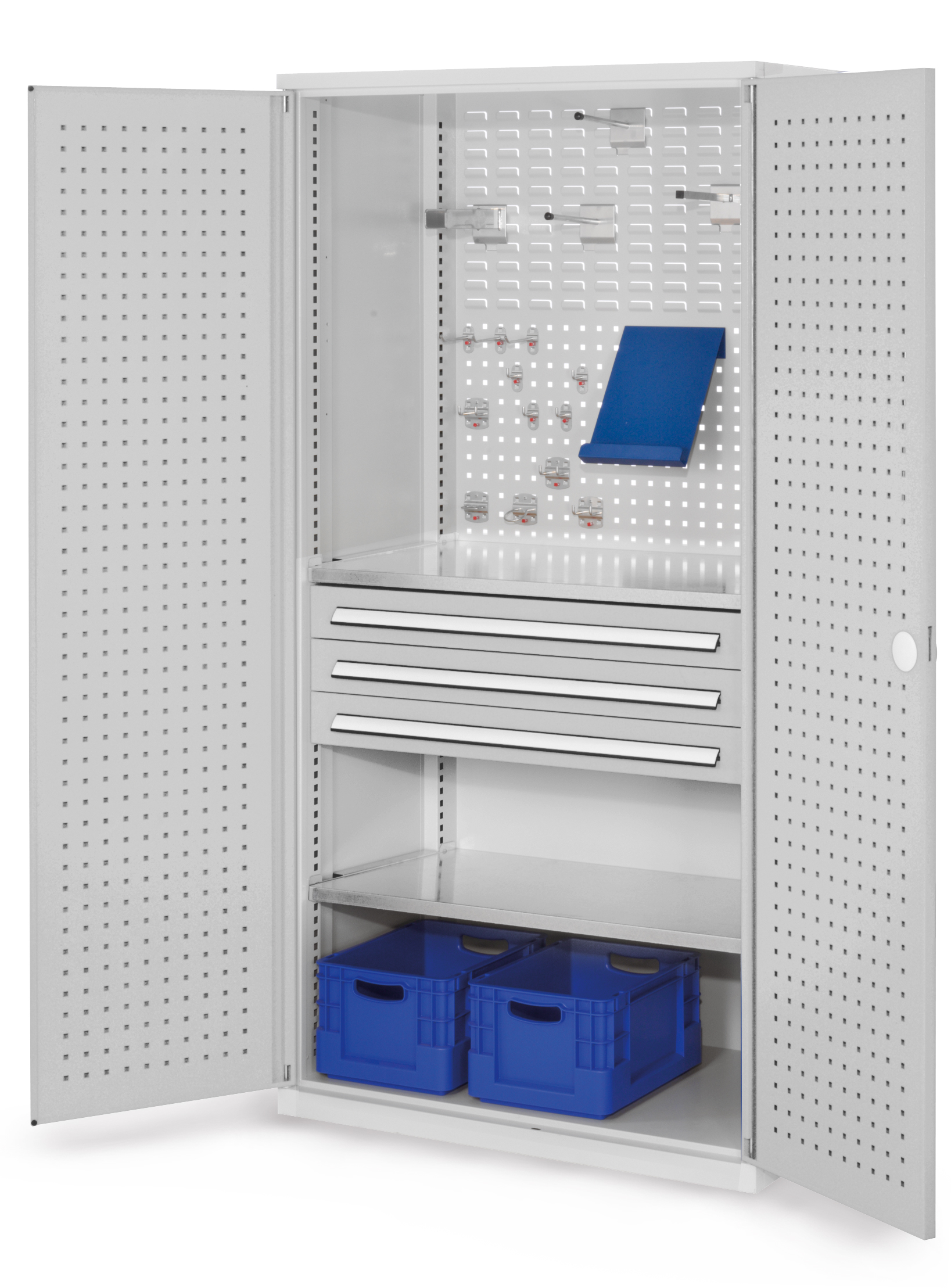 ®RasterPlan Schubladenschrank Modell 12 RAL 7035. Türinnenseite: Lochplatten 1950 x 1000 x 600 mm 3 Schubladen H 100 mm 2 Fachböden verzinkt.