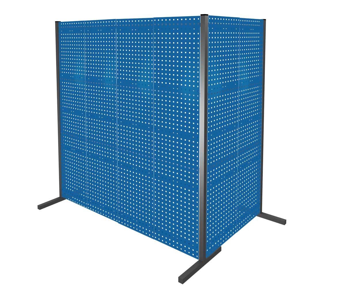 Das ®RasterPlan Trennwandsystem bietet flexible, ästhetische Raumtrennung mit 2000 mm Höhe, in RAL 5010, inklusive 6 Lochplatten für individuelle Anpassung.