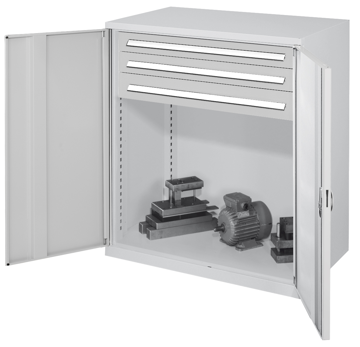 Schwerlast-Beistellschrank Modell 65 1110 x 1000 x 600 mm RAL 7035. Vollblechtüren 3 Schubladen H 100 mm.