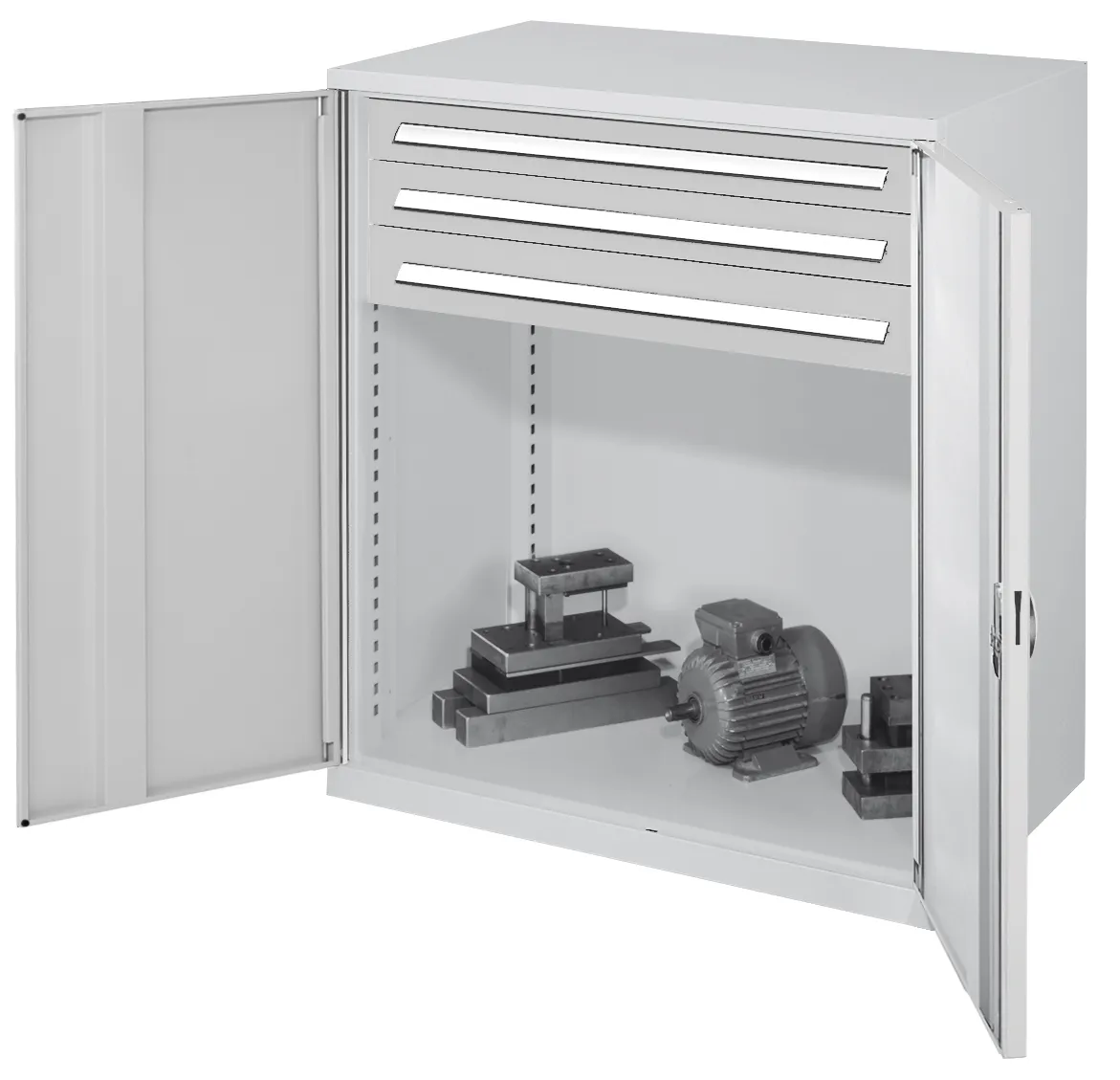 Schwerlast-Beistellschrank Modell 65 von Kappes Systeme: Robuste Stahlkonstruktion, Vollblecht?ren, 3 Schubladen, 1,65 t Belastbarkeit, lichtgrau, langlebig und sicher.